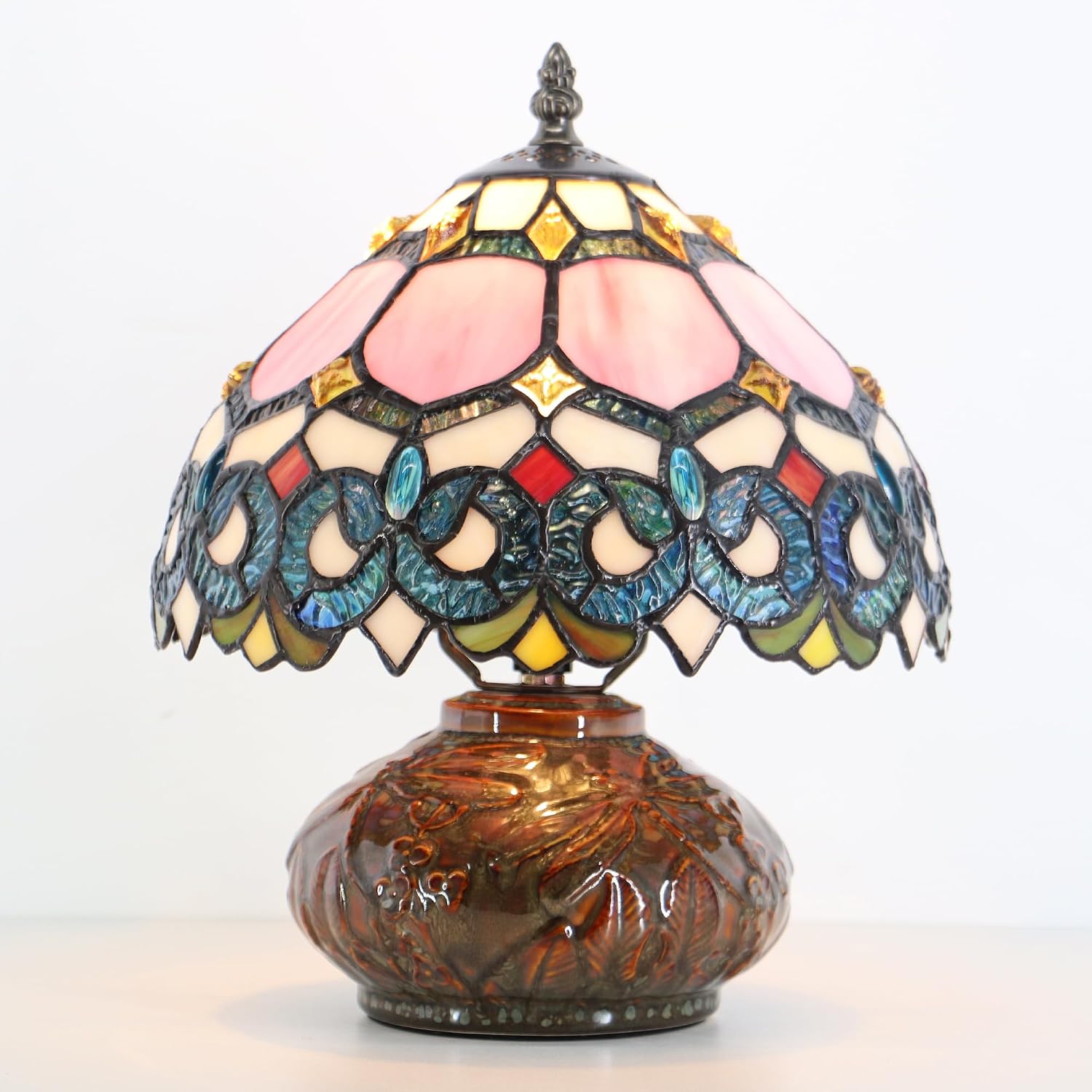 Small Tiffany Table Lamp, 10X10X11 Inch Mini Stained Glass Mushroom Desk Light Memory Sympathy Ceramic lamp (Pink Baroque Style)