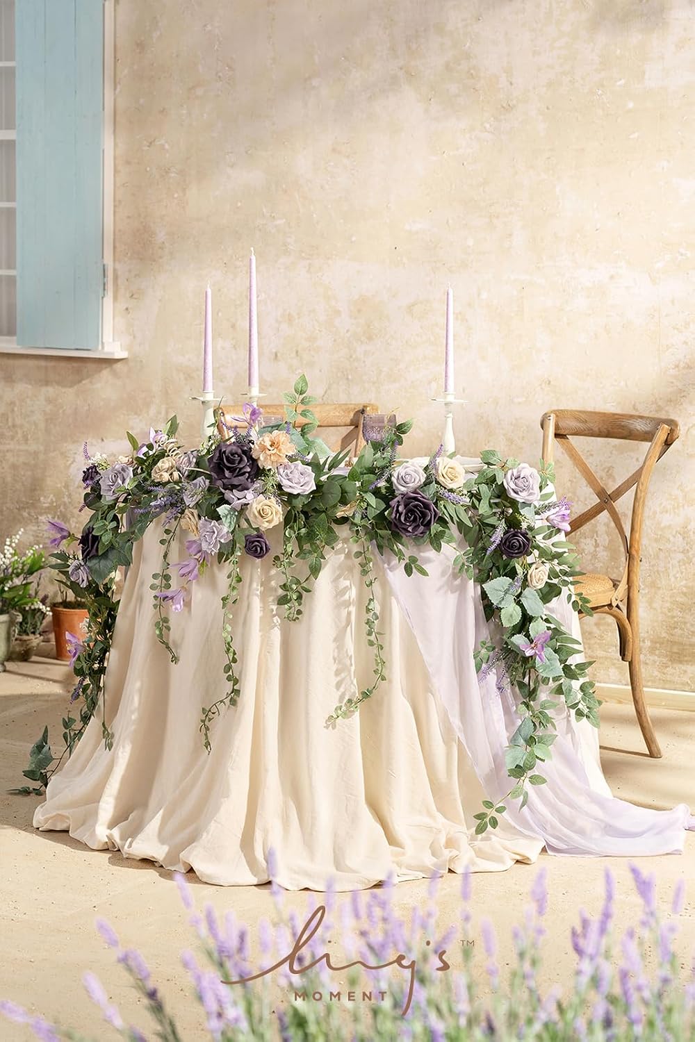Ling's moment 9FT Eucalyptus and Willow Leaf Garland with White Flower, Handcrafted Wedding Sweetheart Table Centerpieces Head Table Decor Arch Backdrop Decorations for Wedding | Lavender Purple