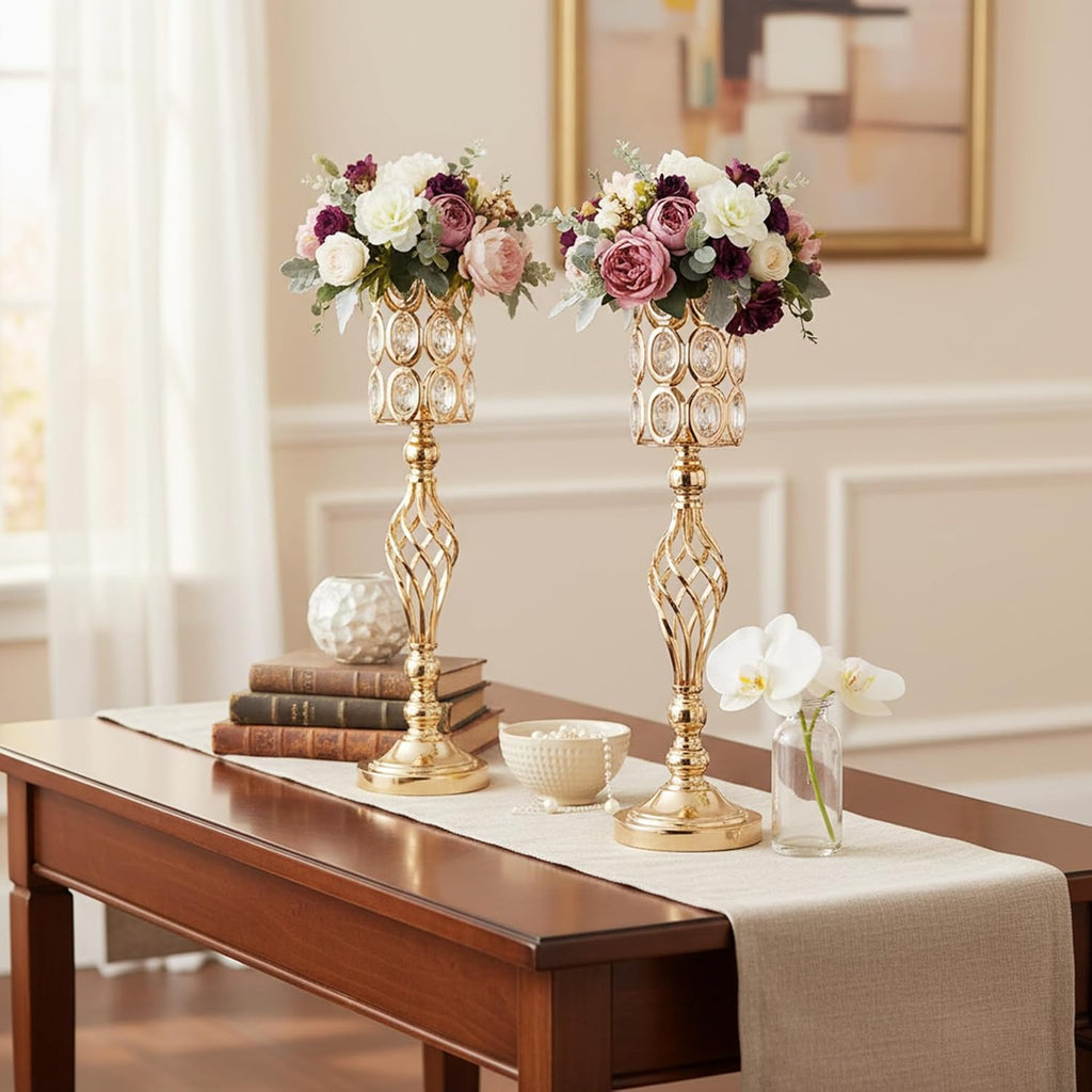 Crystal Wedding Centerpiece Vases for Tables - Set of 10 Metal Gold Vases, 24in Tall Versatile Flower Holders, Elegant Flower Stands for Centerpieces Wedding Party Reception Christmas Home Decor