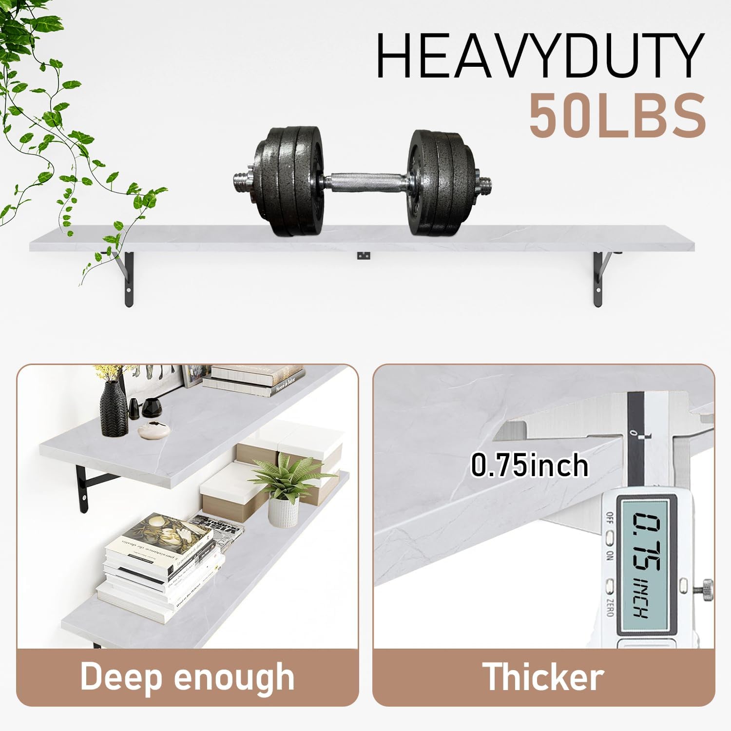 Kaboon 55 inch Long 10 inch Deep Floating Shelves for Wall Set of 2, Large Open Shelves Wall Mounted, Space Saving Home and Commercial Use, White Rock