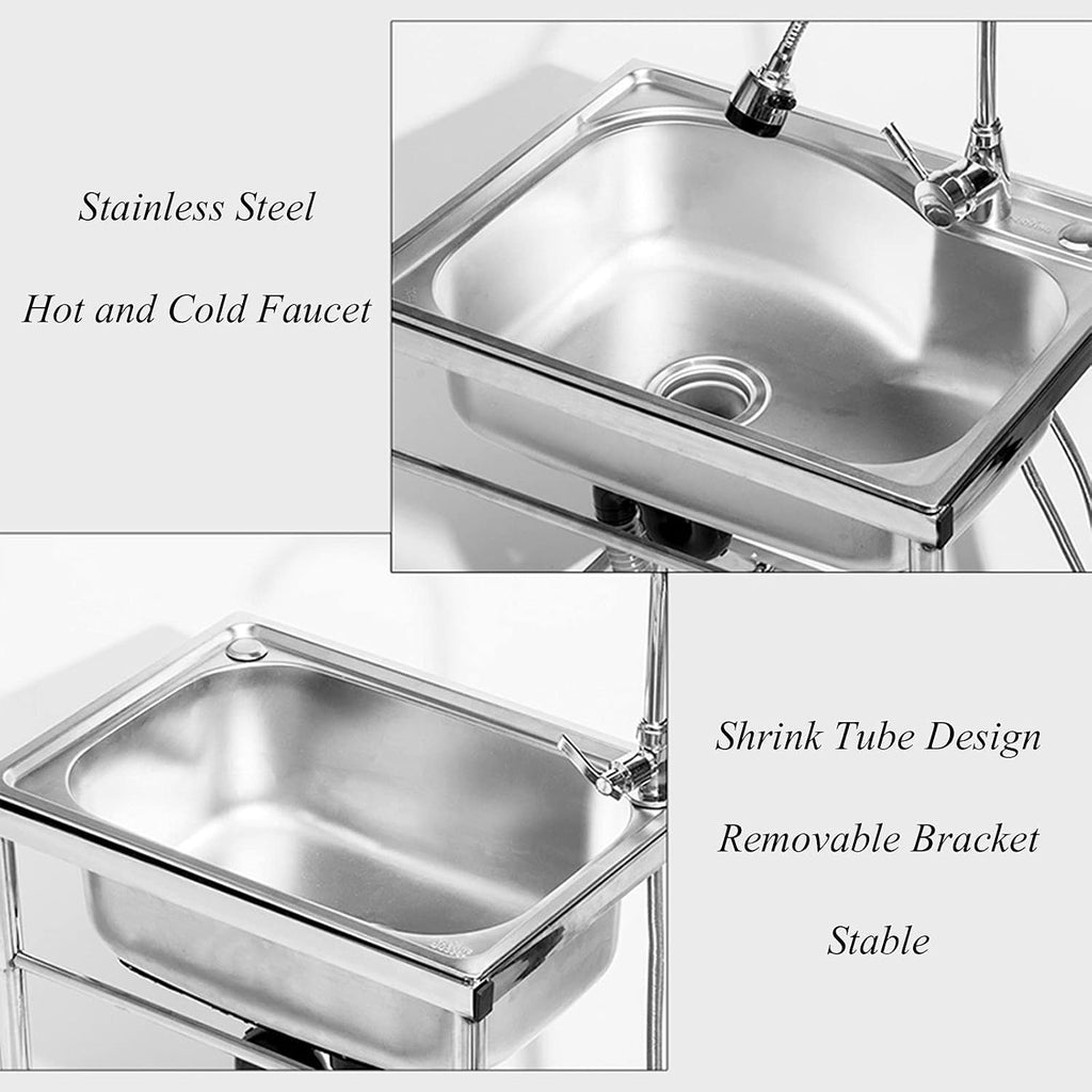 Commercial Stainless Steel Single Bowl Sink Freestanding Kitchen Sink with Faucet and Storage Shelves Restaurant Utility Sink Washing Hand Basin