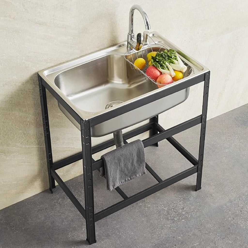 Commercial Sink Freestanding Kitchen Sink Stainless Steel Single Bowl Sink, Black Stand Sink Unit, Large Capacity Utility Sink for Outdoor Indoor Garage Lau(with Faucet-58×43cm