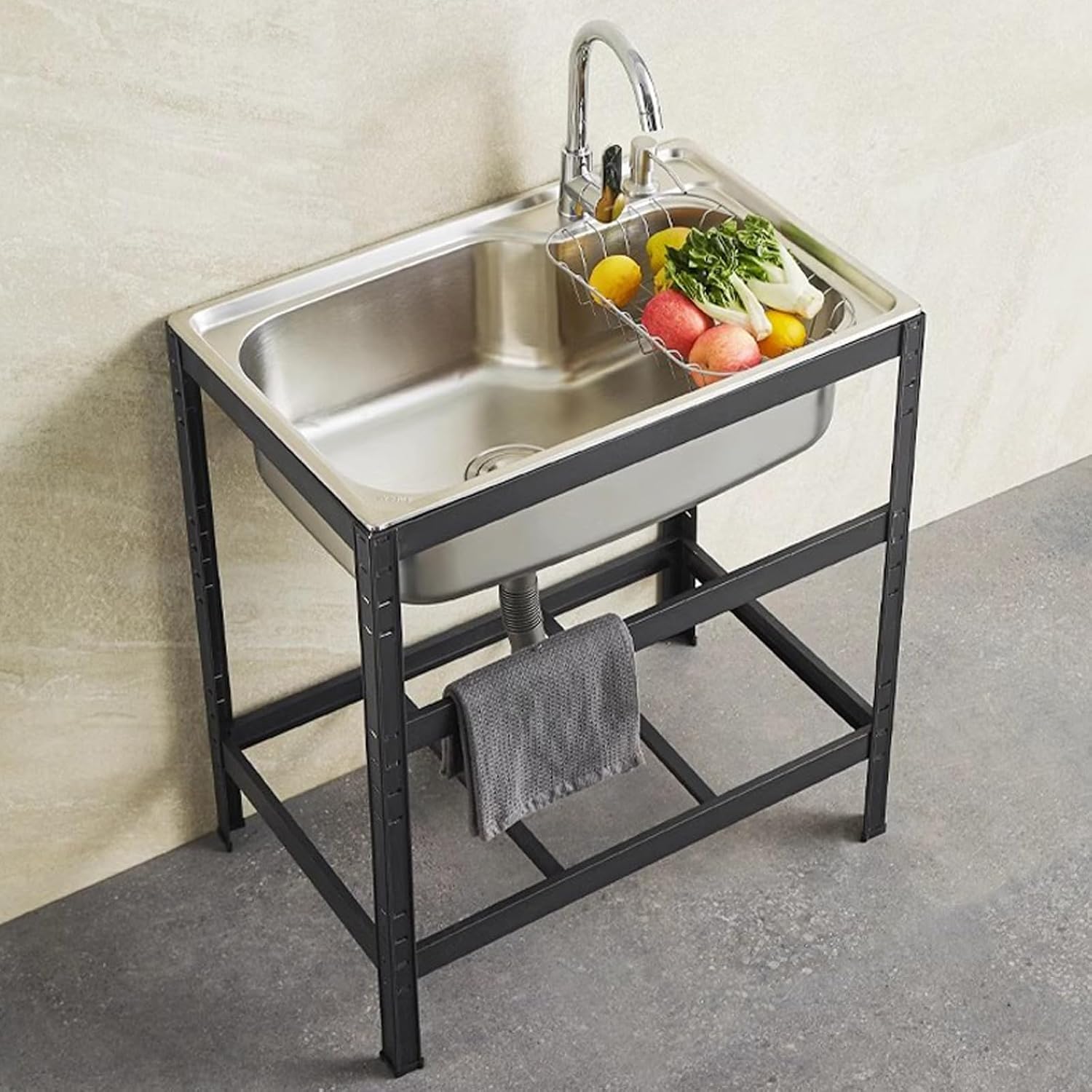 Commercial Sink Freestanding Kitchen Sink Stainless Steel Single Bowl Sink, Black Stand Sink Unit, Large Capacity Utility Sink for Outdoor Indoor Garage Lau(with Faucet-68×44cm