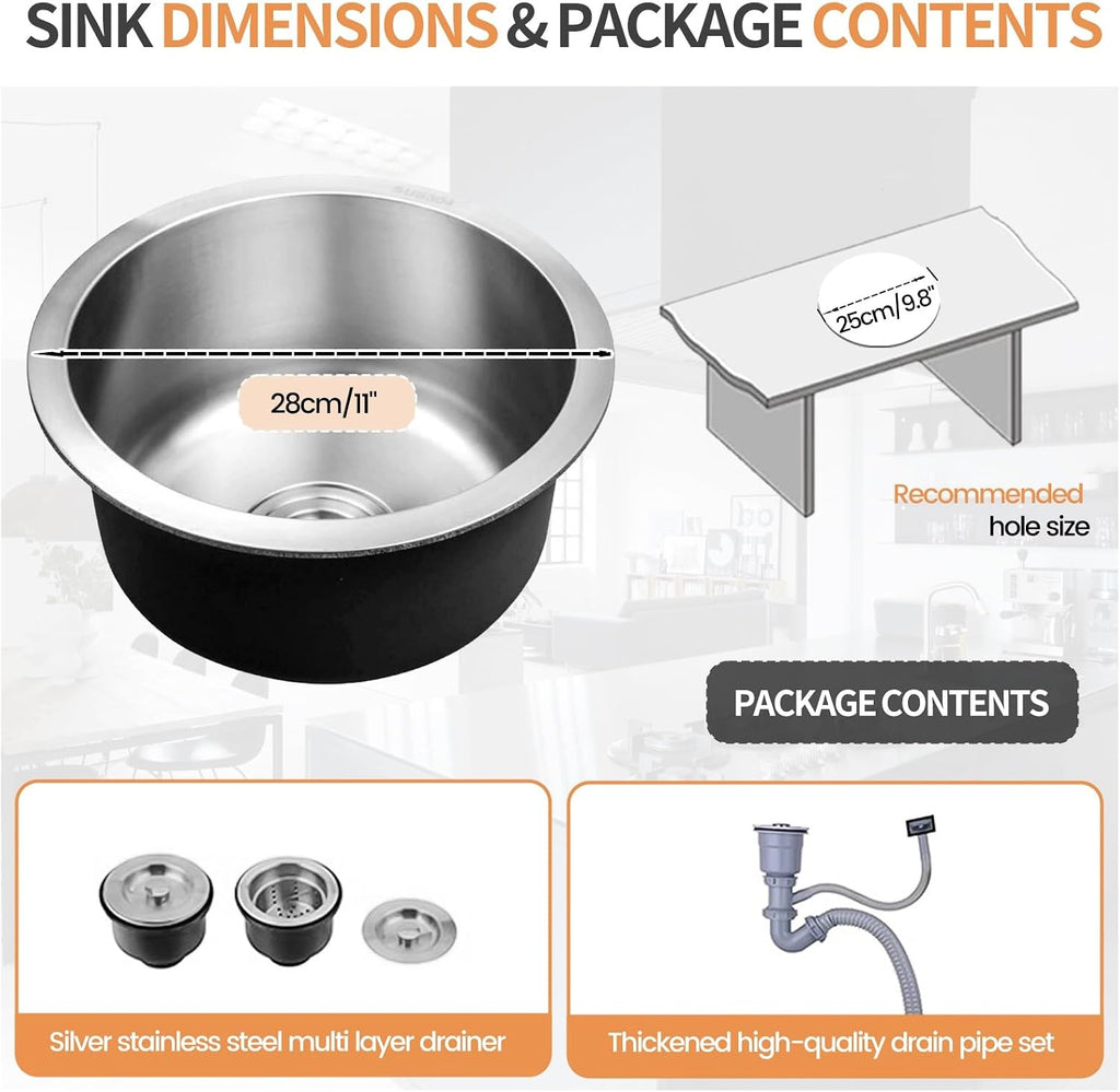 Stainless Steel Kitchen Sink, Single Bowl Sink With Drain Fittings & Overflow, Small Washing Basin, Round Pool For Utility Room, Kitchen, Bar, Pub, Drop In & Undermount(Silver,28cm)