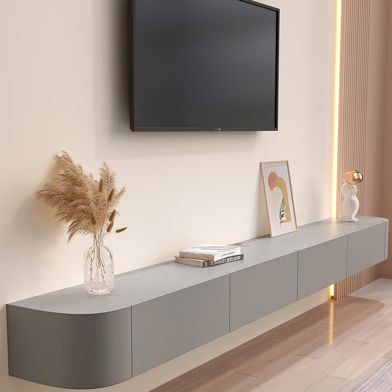 Floating TV Stand Large Floating TV Shelves Wall Mounted Multi Storage Compartment TV Media Console Floating TV Cabinet Bench Under TV Large Storage TV Lowboard (Grey, 47.2 * 7.9 * 9.4 in)