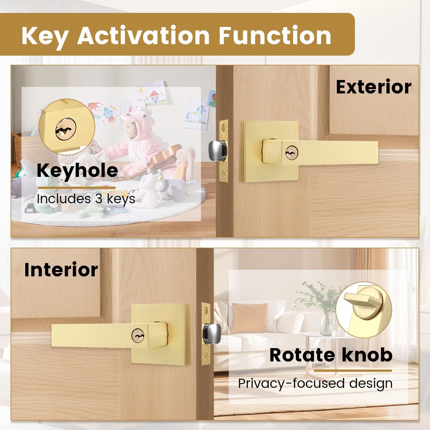 Boisouey Door Knobs with Lock and Key, 6 Pack Brushed Gold Interior Door Handles for Bedroom Bathroom Front Entry Door, Keyed Entry Locking Door Knob with 3 Keys for Home Security
