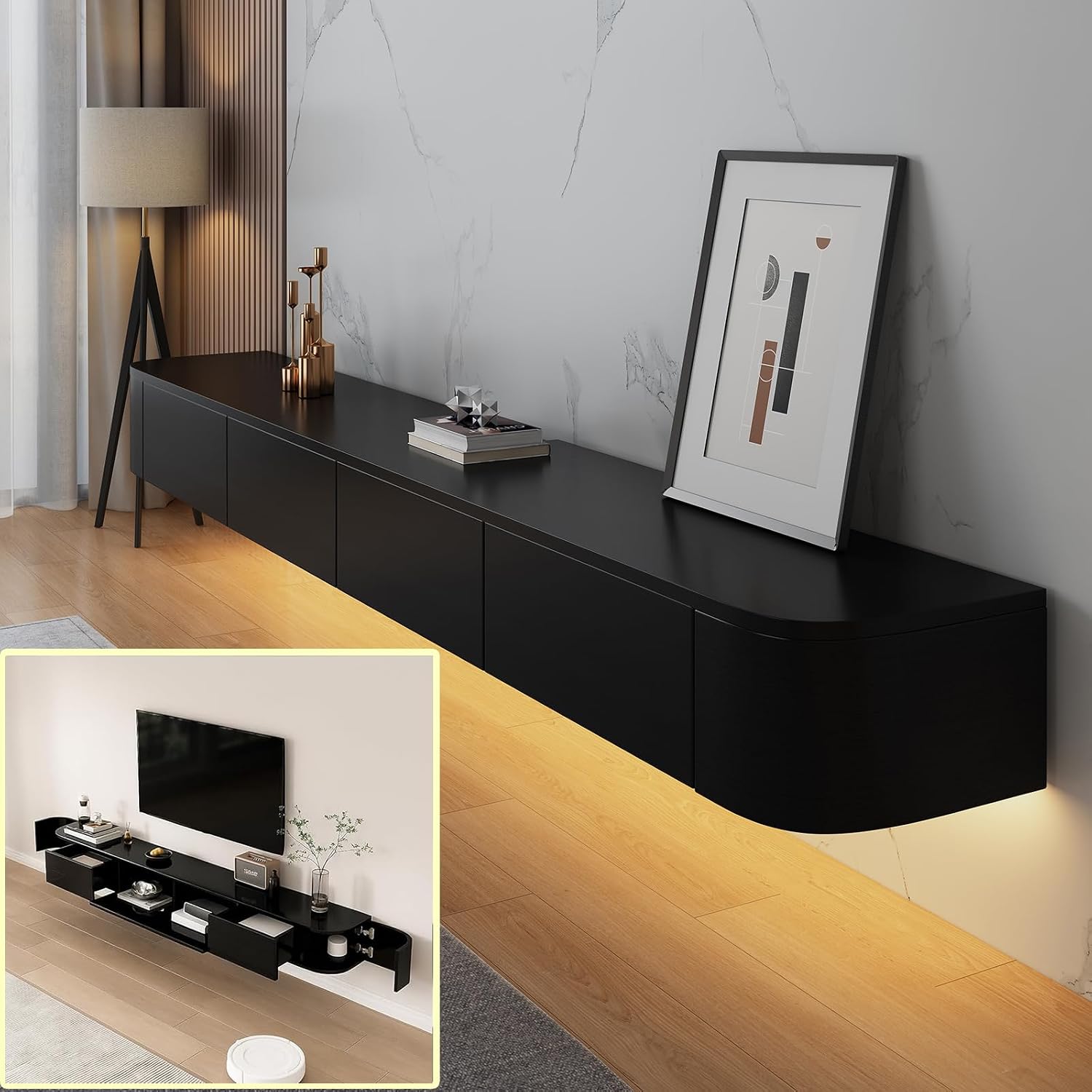 Floating TV Stand Large Floating TV Shelves Wall Mounted Multi Storage Compartment TV Media Console Floating TV Cabinet Bench Under TV Large Storage (Black B with LED, 63.0 * 7.9 * 11.8 in)