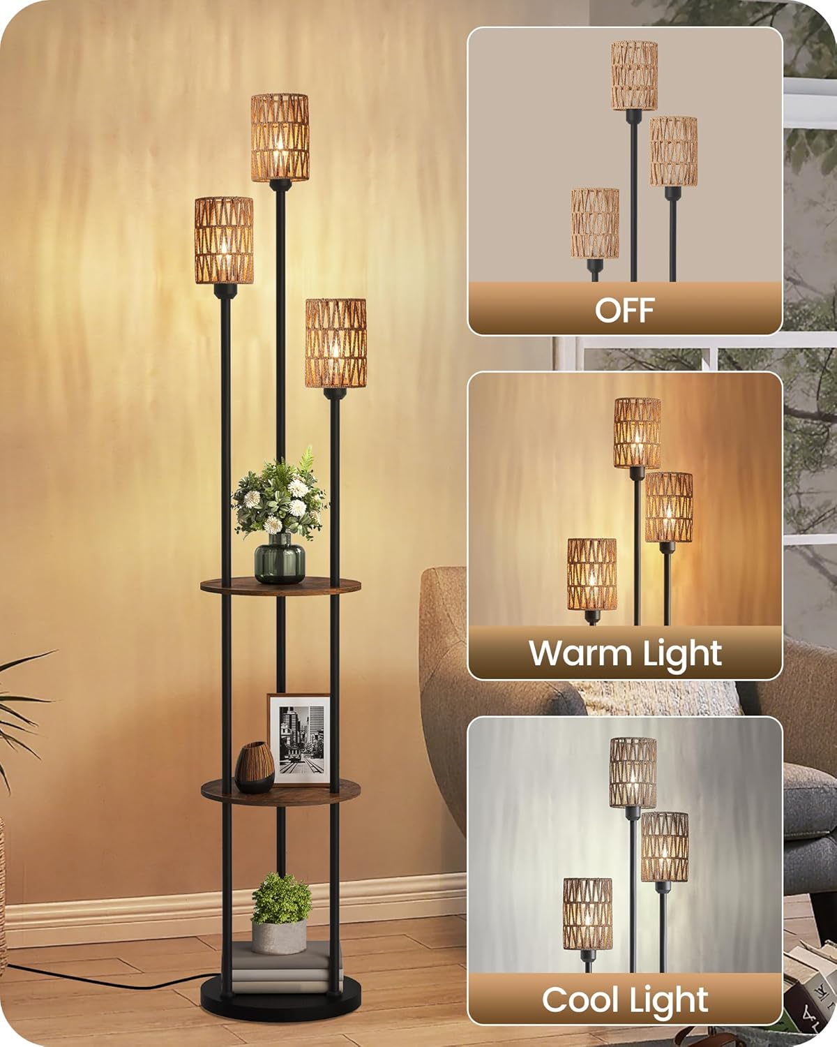 Floor Lamp with Shelves, Boho Floor Lamp with Foot Switch, 3-Light Standing Lamp, for Living Room, Bedroom, Study, Rustic Brown and Yellow YF53LD05