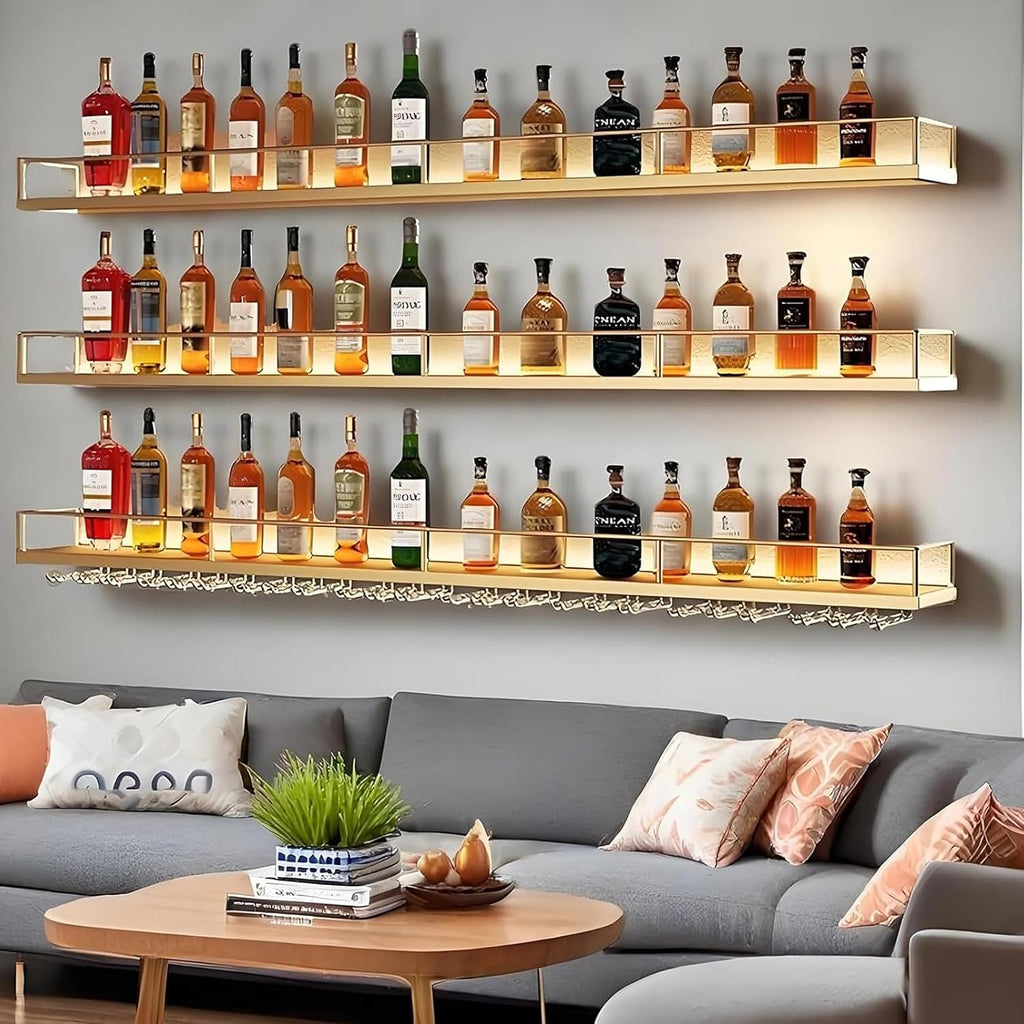 Wall-Mounted Metal Wine Rack with LED Lights 3-Tier Floating Bar Shelves with Wine Glass Rack Large Wine Bottle Display Rack Hanging Shelf, for Home Bar Dining Room Decorative (gold, 100cm/39.3in)
