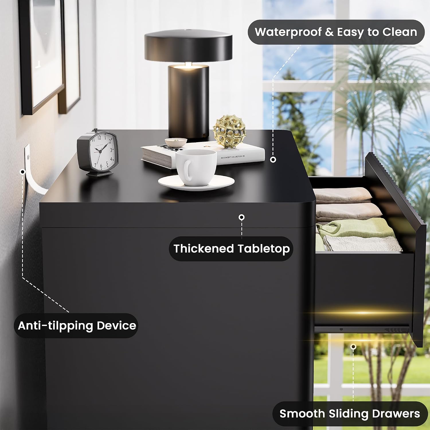 Black Nightstand Set 2, Bedside Table with 3 Drawers Storage, Curved Profile Fluted Night Stand for Bedroom, Wooden Side Tables Living Room, 24.8' Wide End Table for Sofa Couch, Handleless Design