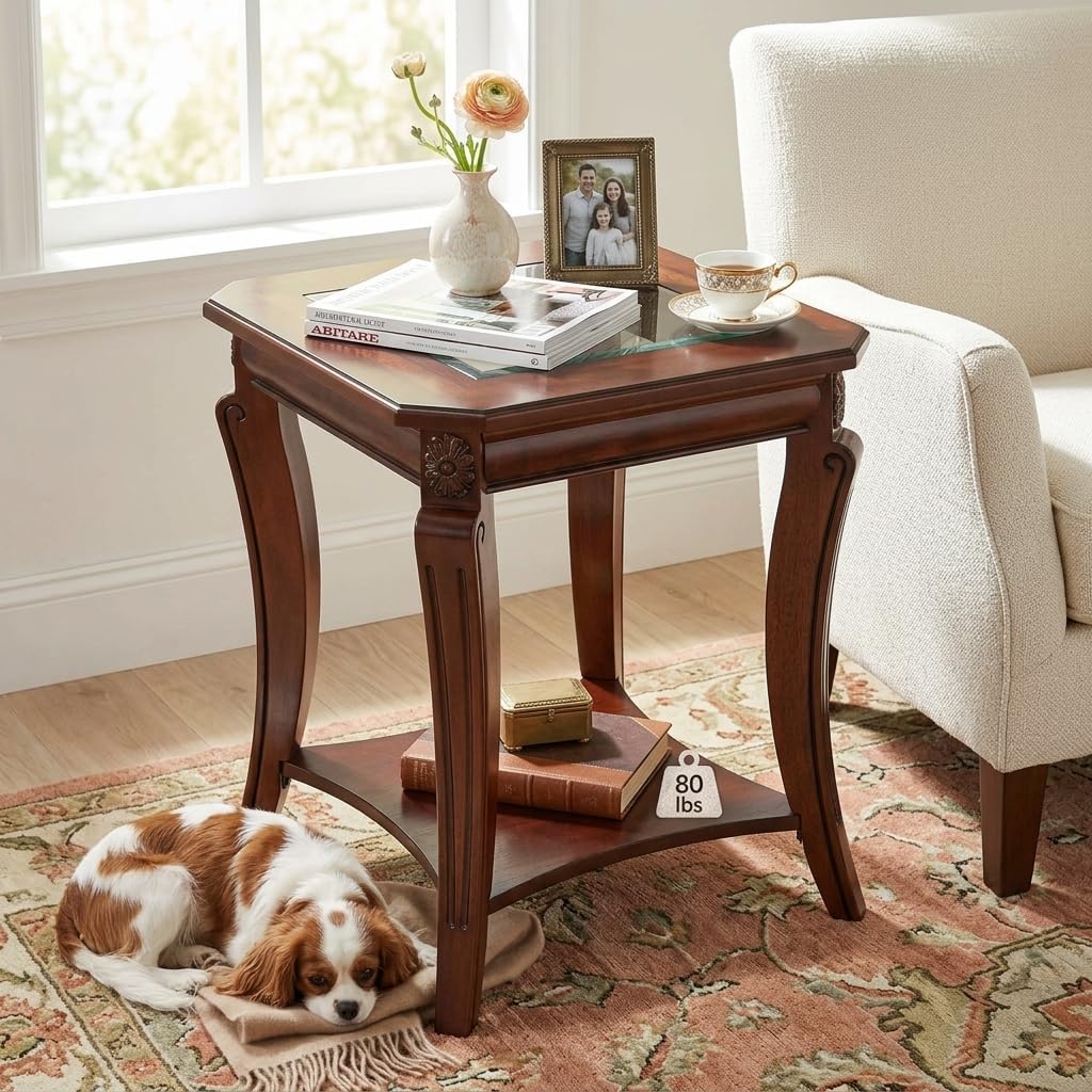Square End Side Table with Tempered Glass Top, Farmhouse BesideTable with Storage Shelf, Living Room Table with Solid Wood Carved Legs, American Home Table,Easy Assembly,Cherry Brown CJZ-A1168-GT