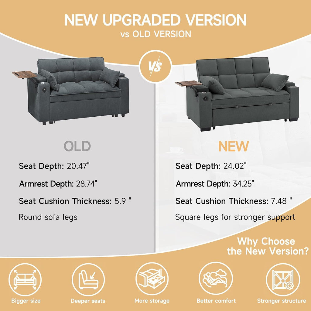 Auvsoce 65'' Chaise Lounge Chair Indoor, 3-in-1 Convertible Sofa Bed with Pull Out Design, 360° Swivel Side Table, Modern Chenille Couch Bed for Living Room