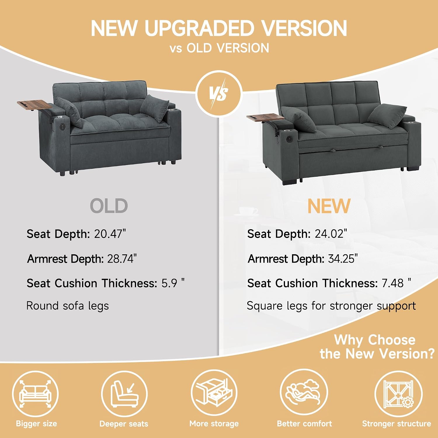 Auvsoce 65'' Chaise Lounge Chair Indoor, 3-in-1 Convertible Sofa Bed with Pull Out Design, 360° Swivel Side Table, Modern Chenille Couch Bed for Living Room