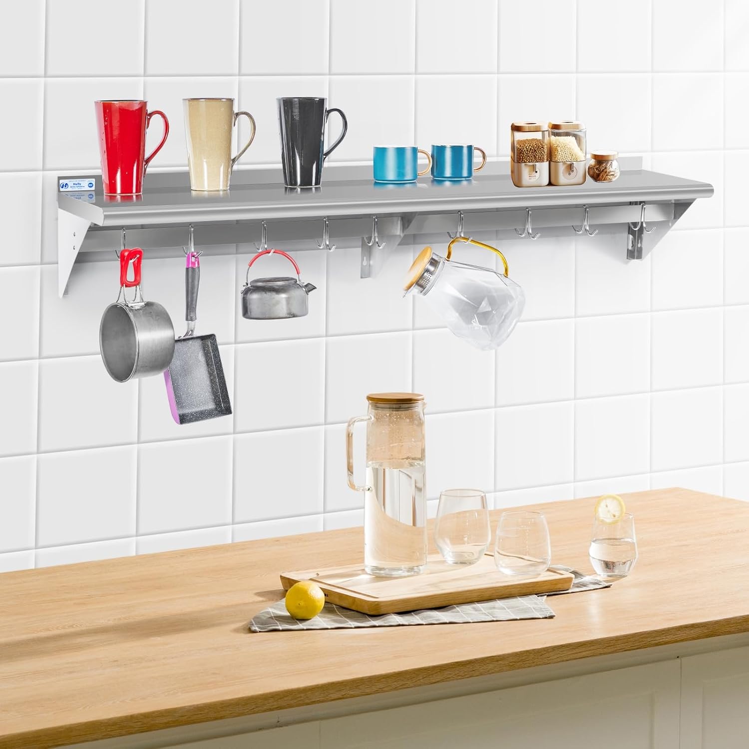 Hally Stainless Steel Shelf with 9 Hooks 12' x 60' Wall Mounted Pot Rack 315lb, NSF Commercial Floating Shelving for Storage Hanging Pots, Pans, cookware in Restaurant, Kitchen, Home and Hotel