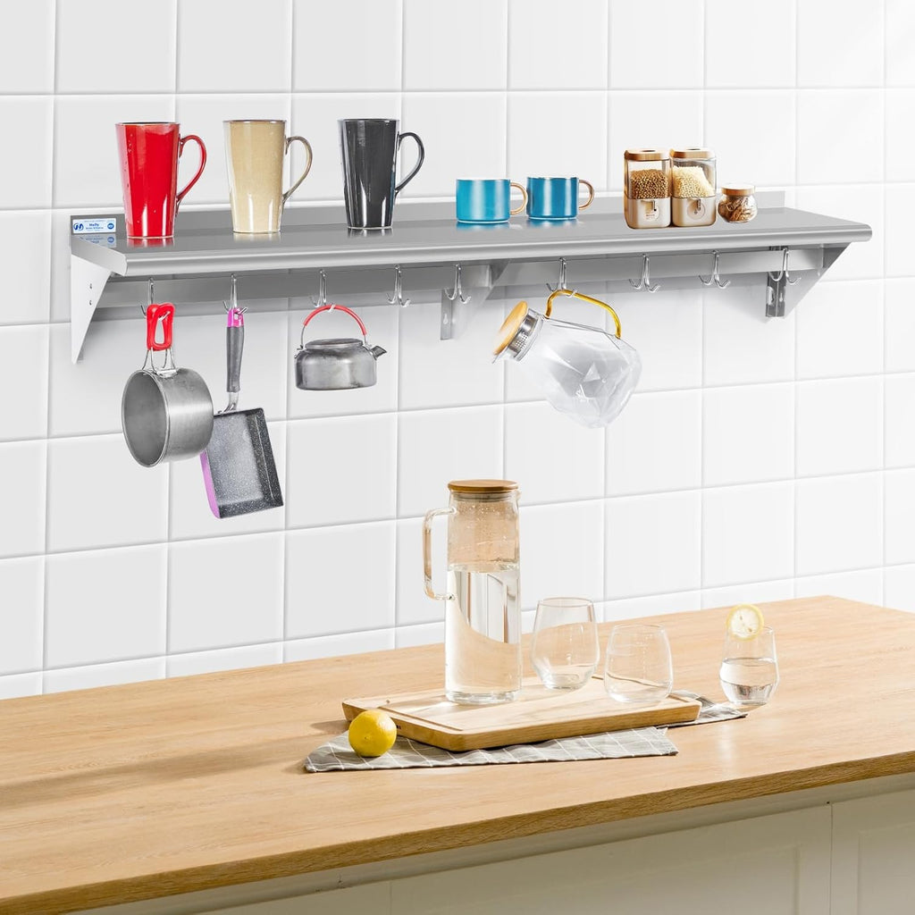 Hally Stainless Steel Shelf with 9 Hooks 18' x 60' Wall Mounted Pot Rack 450lb, NSF Commercial Floating Shelving for Storage Hanging Pots, Pans, cookware in Restaurant, Kitchen, Home and Hotel