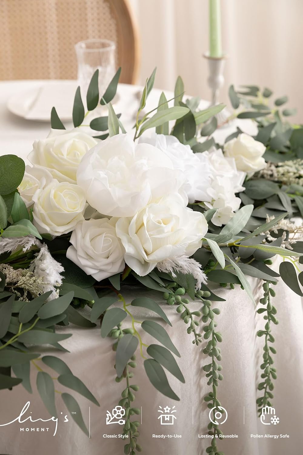 Ling's moment 9FT Spring Flower Garland for Backdrop Decorations - Wedding Arch Flowers, Eucalyptus & Rose, Artificial Floral Garland for Mantel - Sweetheart Table Decor for Reception, White & Sage