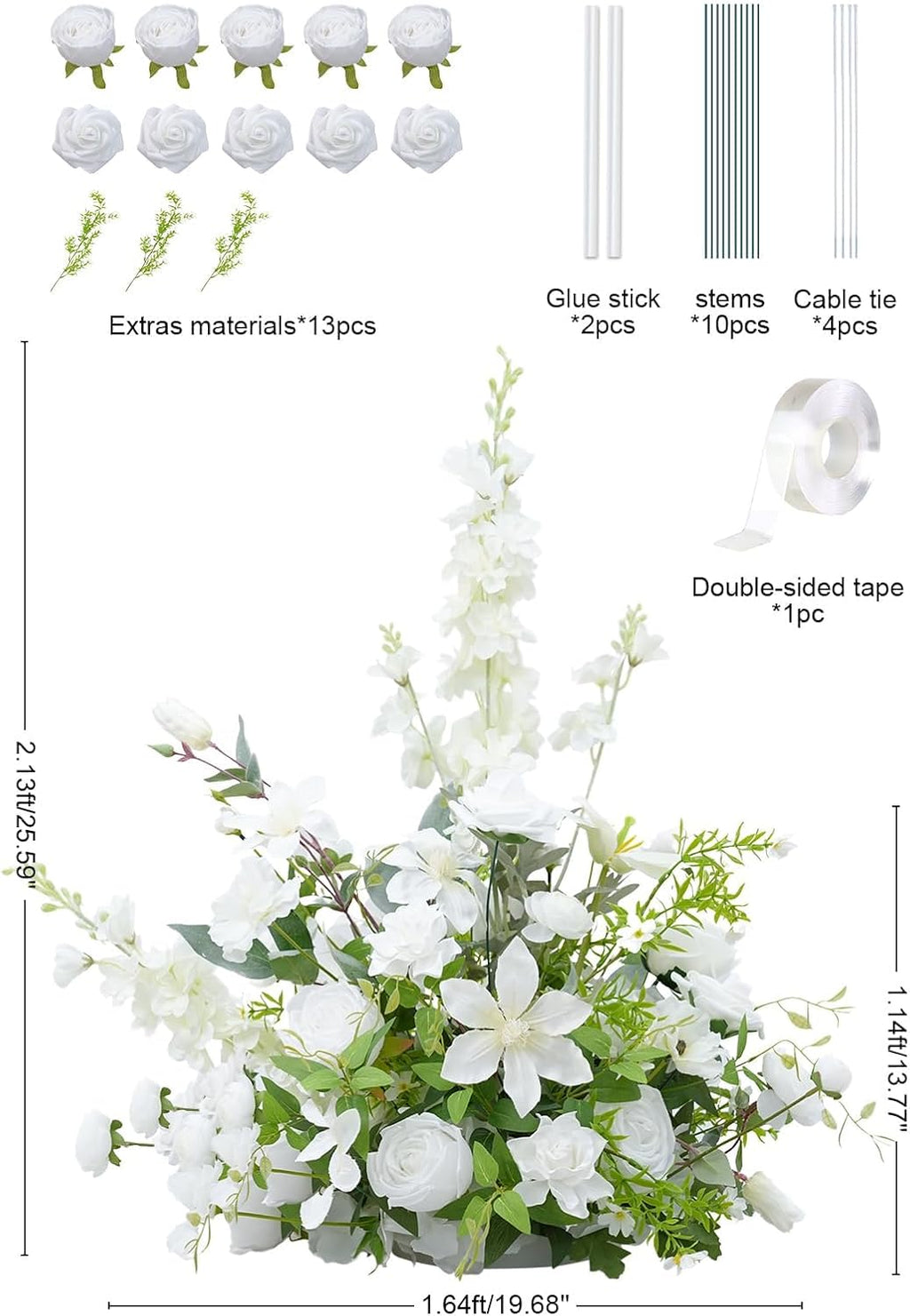 2pcs 19inch White Free Standing Flowers Ball Bouquet Artificial Rose Arrangements Balls for Wedding Centerpieces Tables Chair Aisle Runner Flowers Decor
