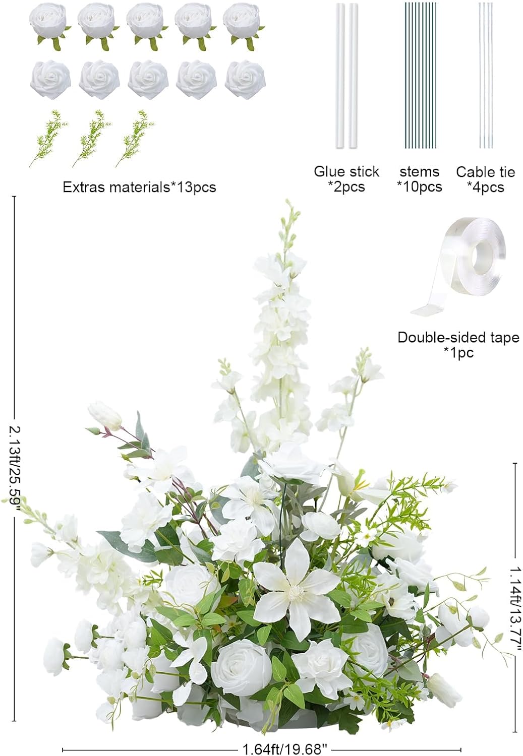 2pcs 19inch White Free Standing Flowers Ball Bouquet Artificial Rose Arrangements Balls for Wedding Centerpieces Tables Chair Aisle Runner Flowers Decor