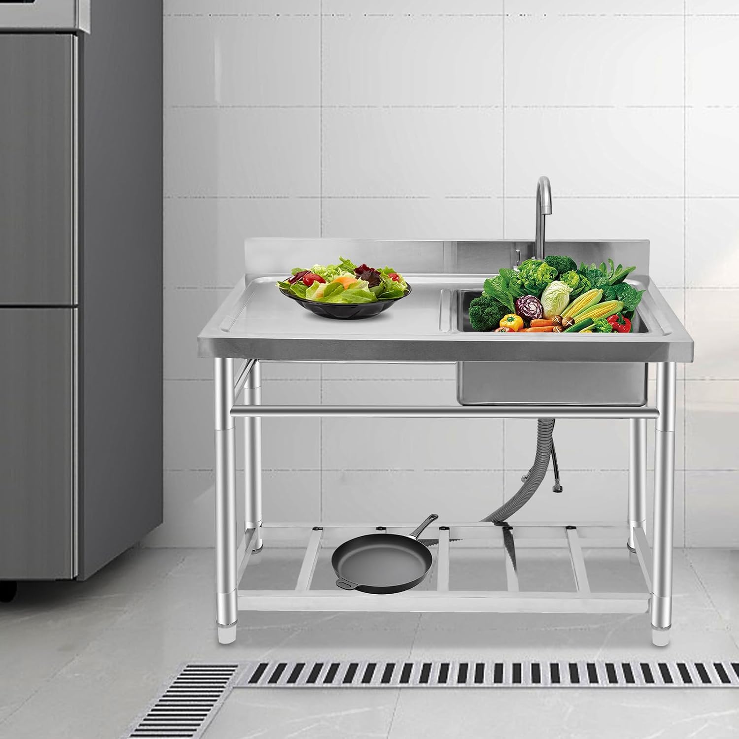 Stainless Steel Sink Single Commercial Utility Sink Free Standing Kitchen Sinks with Cold and Hot Water Faucets for Kitchens, Garage, Laundry Room (39.4'W x 19.7'D x 35.4'H)