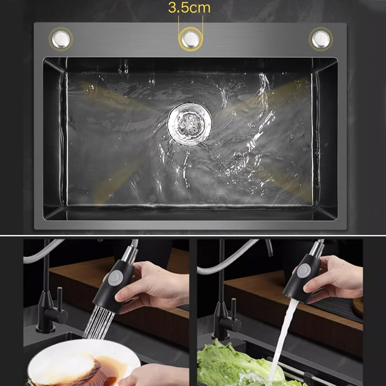 Kitchen Sinks,Stainless Steel Sink Single Bowl Sink, Kitchen Sink Pullout Faucet Includiglass Washer and Accessories/Black/50 * 45 * 20Cm (Black-50 * 45 * 20Cm