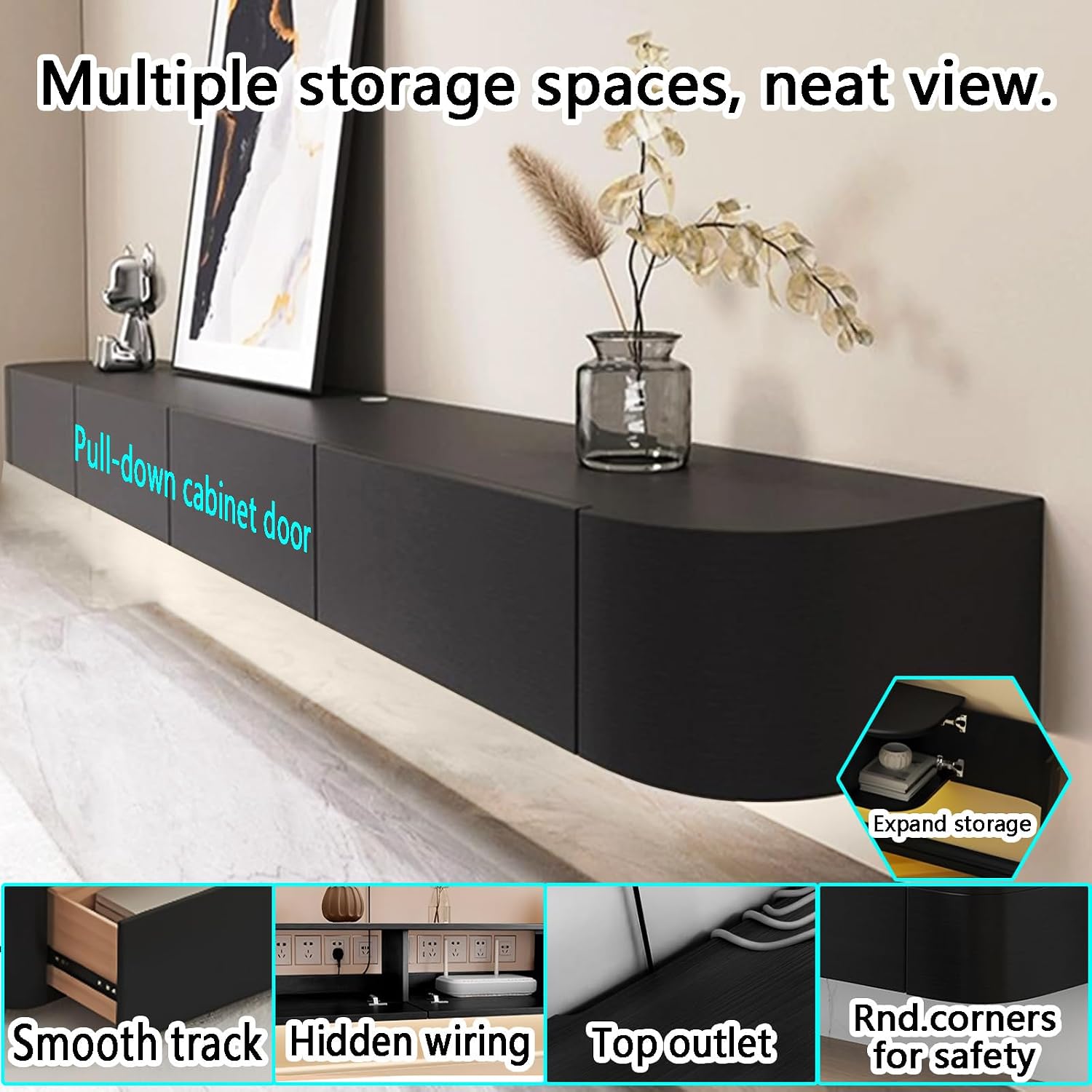 Floating TV Stand with Drawers for Bedroom,Solid Wood Living Room tv Stand with LED Lights,Suitable for Various scenarios Wall Shelf TV Cabinet Black&Light, 78.7'