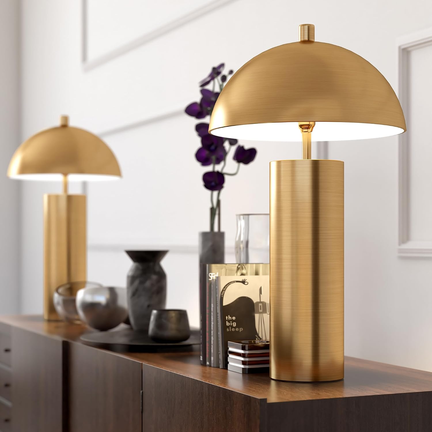 Henn&Hart 27' Mid-Century Modern 1-Light Table Lamp with Gold Metal Dome Shade for Living Room, Bedroom, or Office, Gold