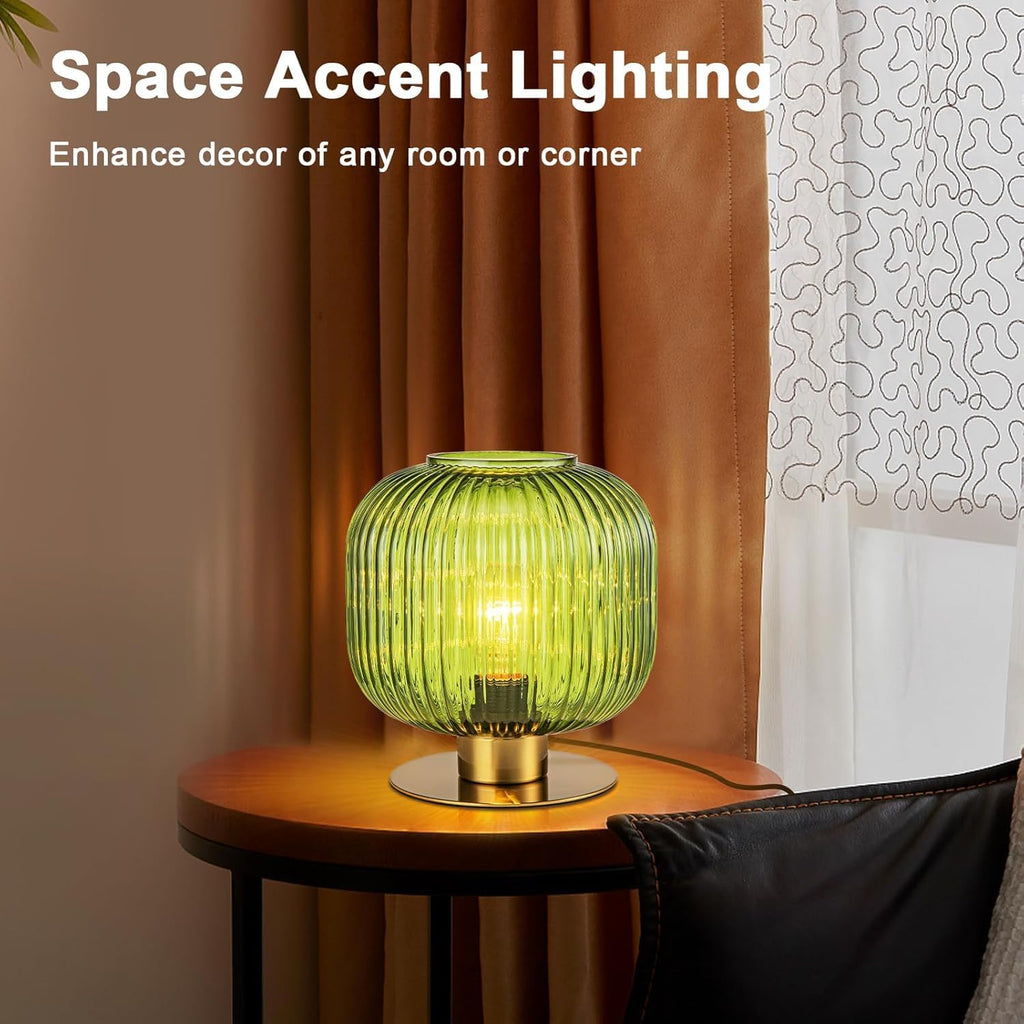 Green Table Lamp Glass Globe Table Lamp Mid Century Modern Small Bedside Lamp Gold Nightstand Lamp Vintage Decorative Brass Desk Lamp for Bedroom Living Room Study Corner Bookshelf (Set of 2)