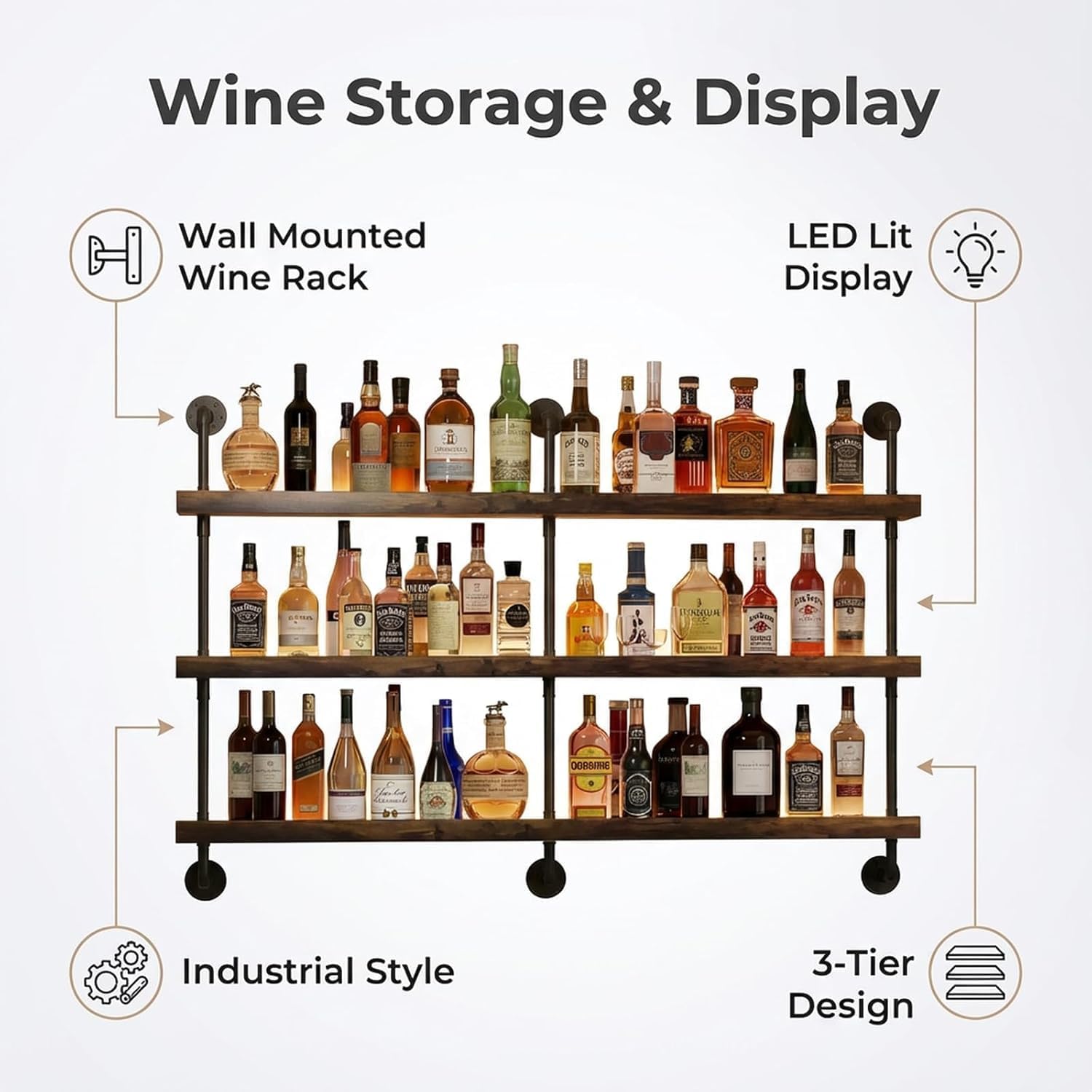 3-Tier Wall Mounted Wine Rack with LED,Liquor Bottles Floating Shelves Display Storage Organizer for Home Bar Dining Room Kitchen (55' W x 47.2' H)