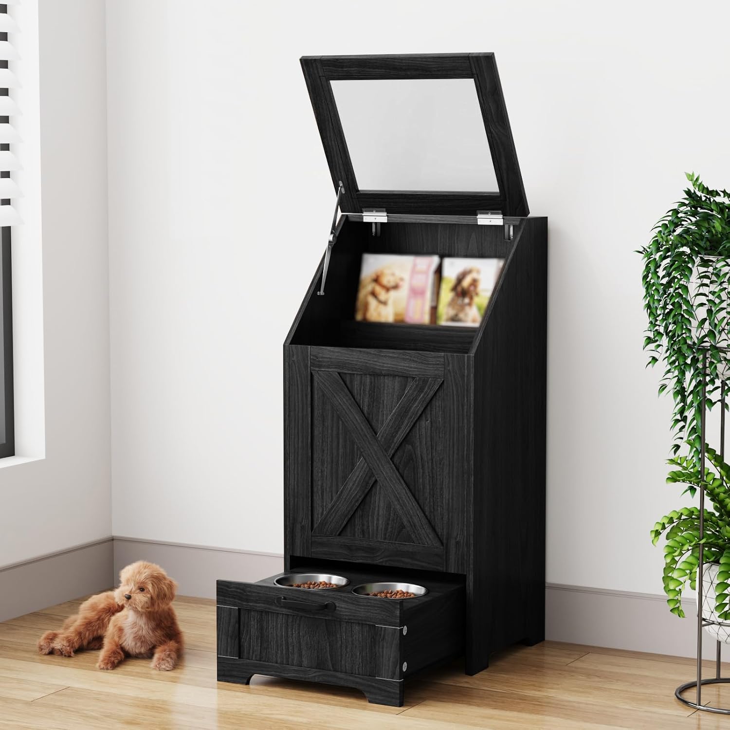 Dog Feeding Station with Storage,Wooden Pet Food Storage Cabinet,Equipped with 2 High Footed Bowls and 3 Hooks,Top Glass Flip Cover,Anti Tipping Device (Dog Feeding Station-Black)