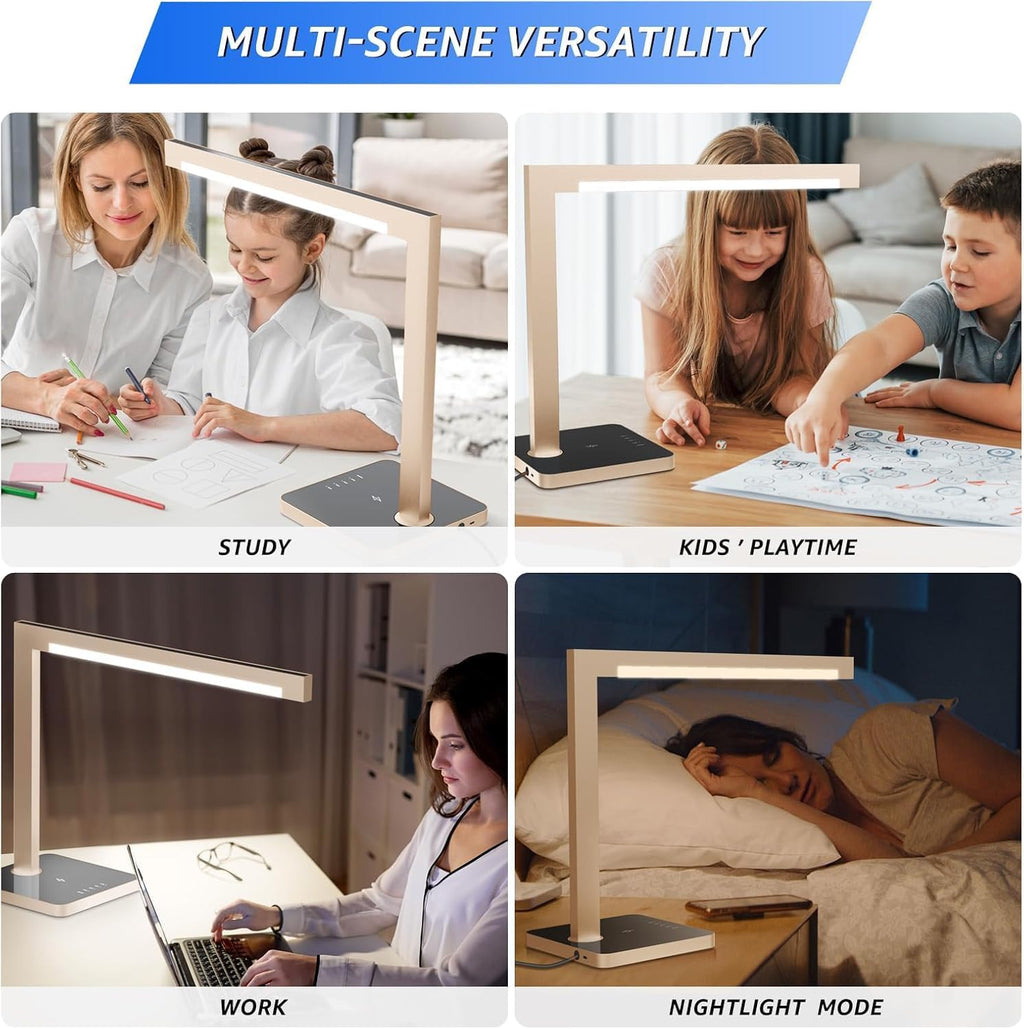 2 Pack Aluminum LED Desk Lamp with Charging Station, Large 15W Table Lamp with Type-C Ports & 4 CCT Modes(3000K-6000K), Dimmable Desk Light for Home Office,Bedroom (Includes Adapter)