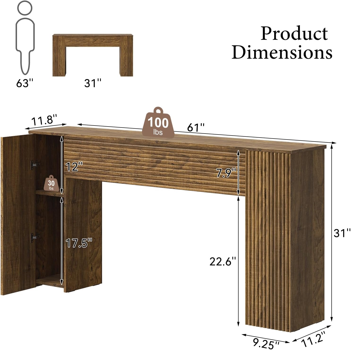 FABATO 61'' Fluted Long Console Table, Wooden Rectangular Sofa Table Behind The Couch, Narrow Entryway Table with 2 Hidden Storage Cabinets for Entrance, Hallway, Living Room, Foyer, Brown