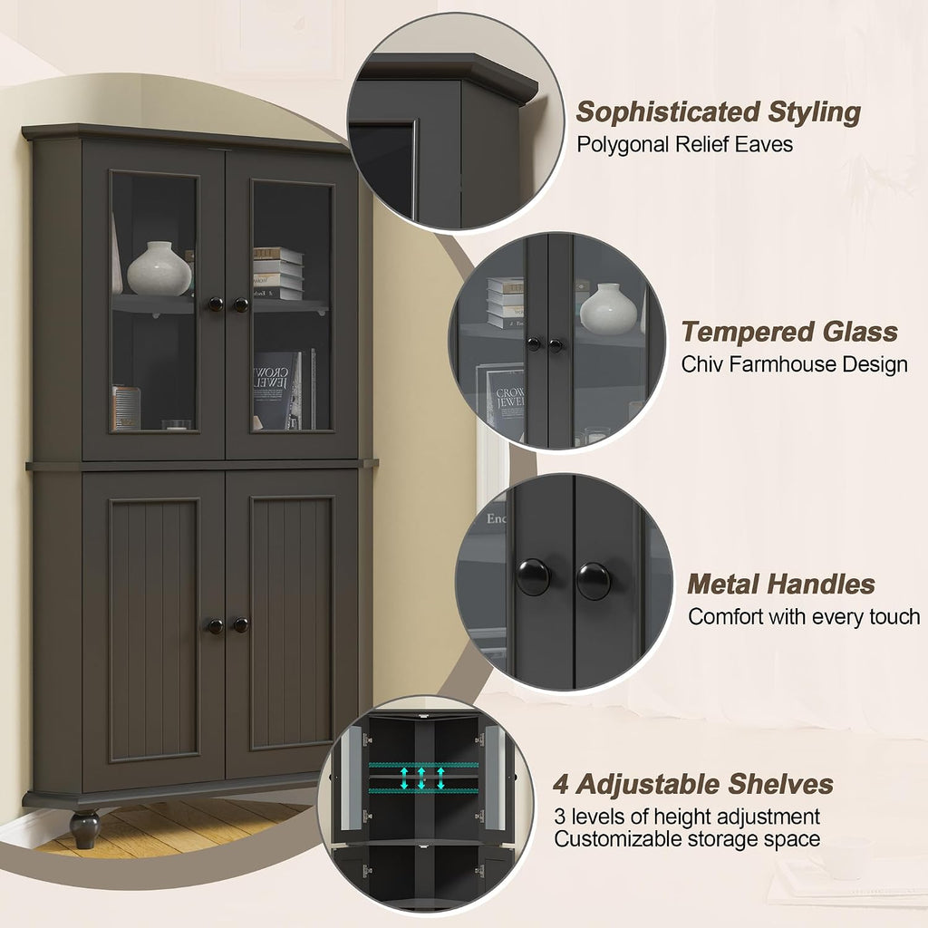 Tall Corner Cabinet with Glass Doors, Black Corner Shelf for Living Room | Tempered Glass, Painted, Adjustable Shelves, Roman Column Legs, Anti-Tipping Device, Assembly Required, Large Storage Space