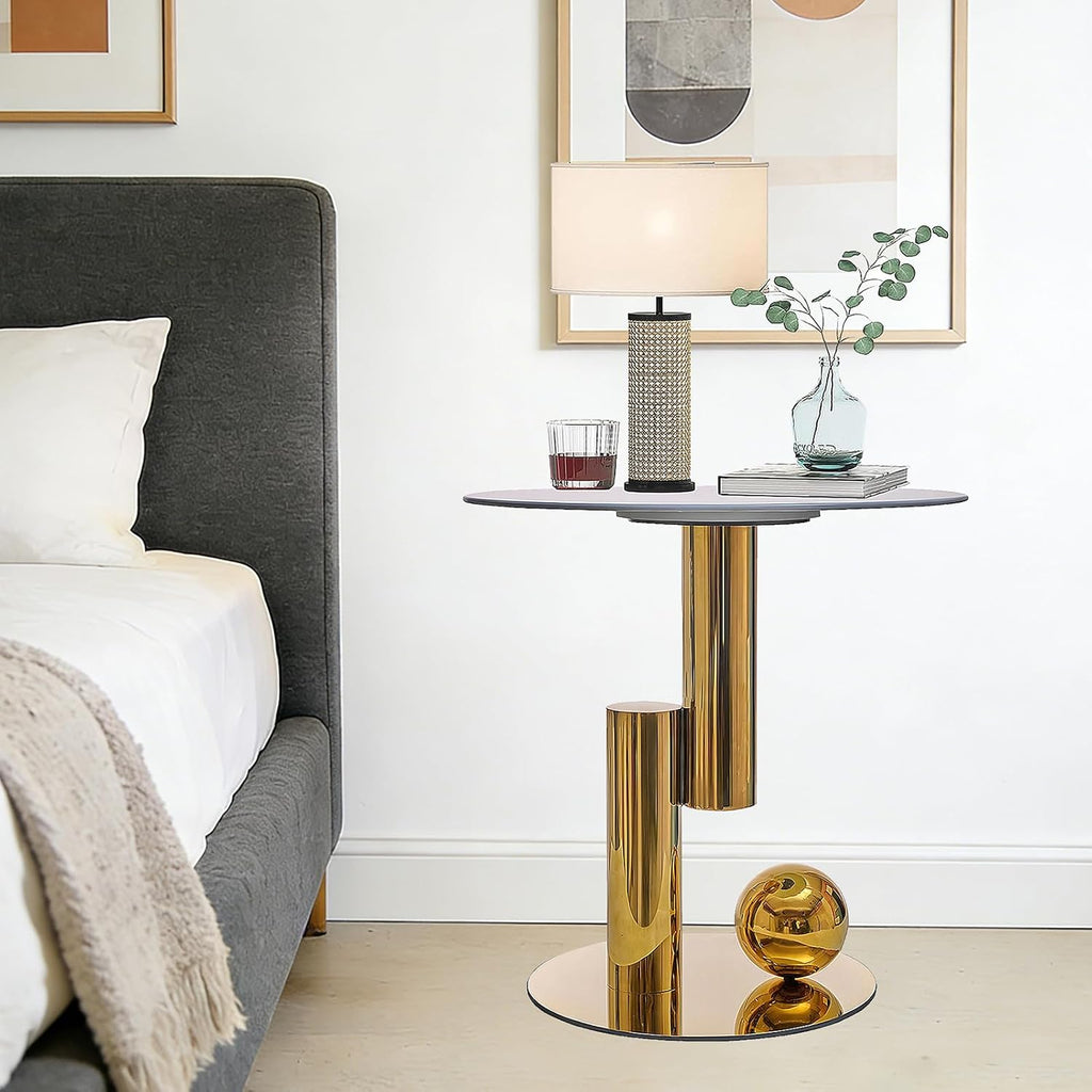 White Gold Round Side Table, 19.7' Faux Marble Sofa End Table, Modern Nightstand, Small Accent Table with Stainless Steel Ball/Cylindrical Frame, for Living Bedroom Office (Gold, 50cm/19.7')