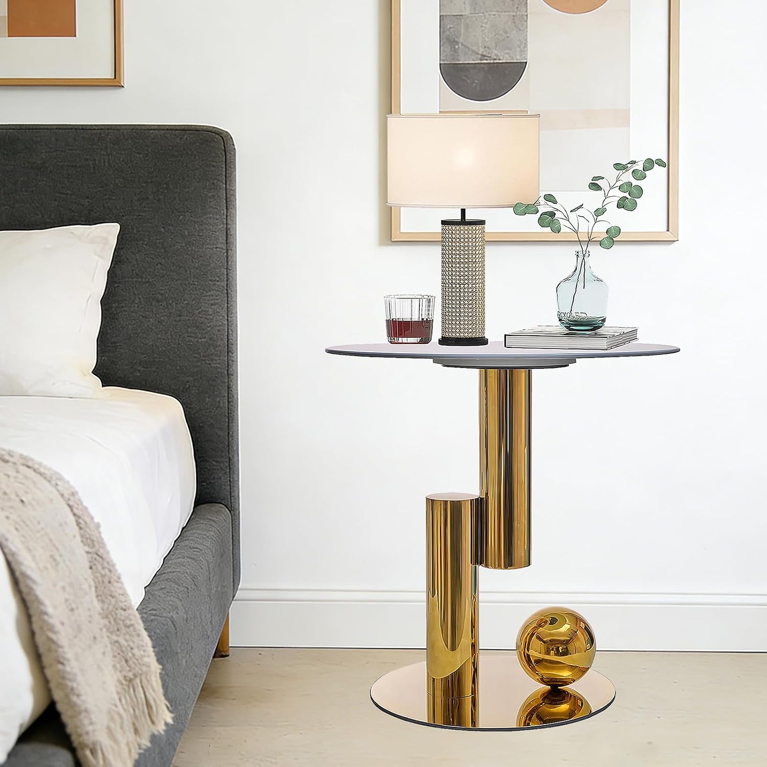 White Gold Round Side Table, 19.7' Faux Marble Sofa End Table, Modern Nightstand, Small Accent Table with Stainless Steel Ball/Cylindrical Frame, for Living Bedroom Office (Gold, 50cm/19.7')