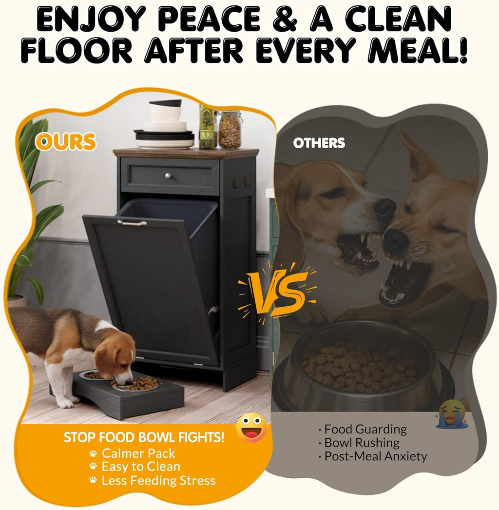 Tilt Out Trash Can Cabinet with Dog Bowl, 10 Gallons Dog Feeding Station with Storage, Dog Food Cabinet with Hideaway Drawer for Kitchen, Living Room,Laundry Room