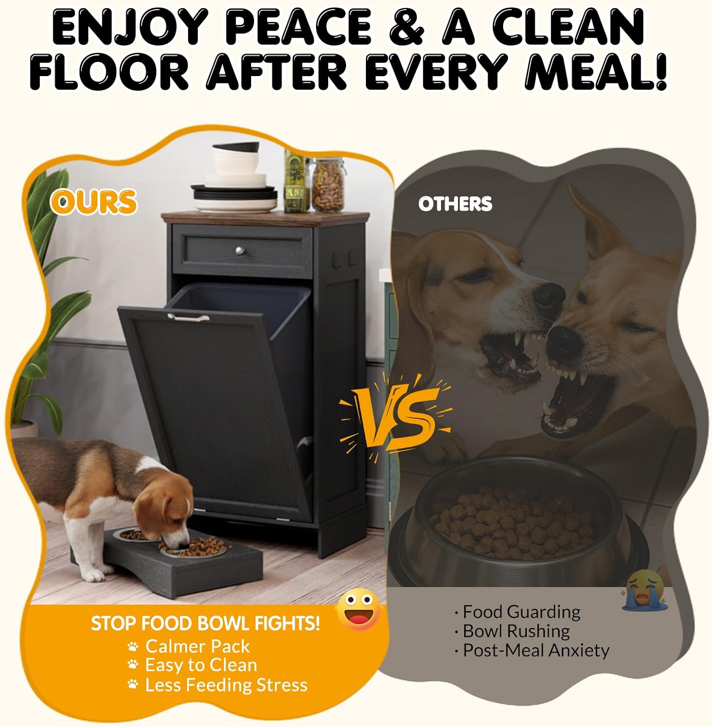 Tilt Out Trash Can Cabinet with Dog Bowl, 10 Gallons Dog Feeding Station with Storage, Dog Food Cabinet with Hideaway Drawer for Kitchen, Living Room,Laundry Room