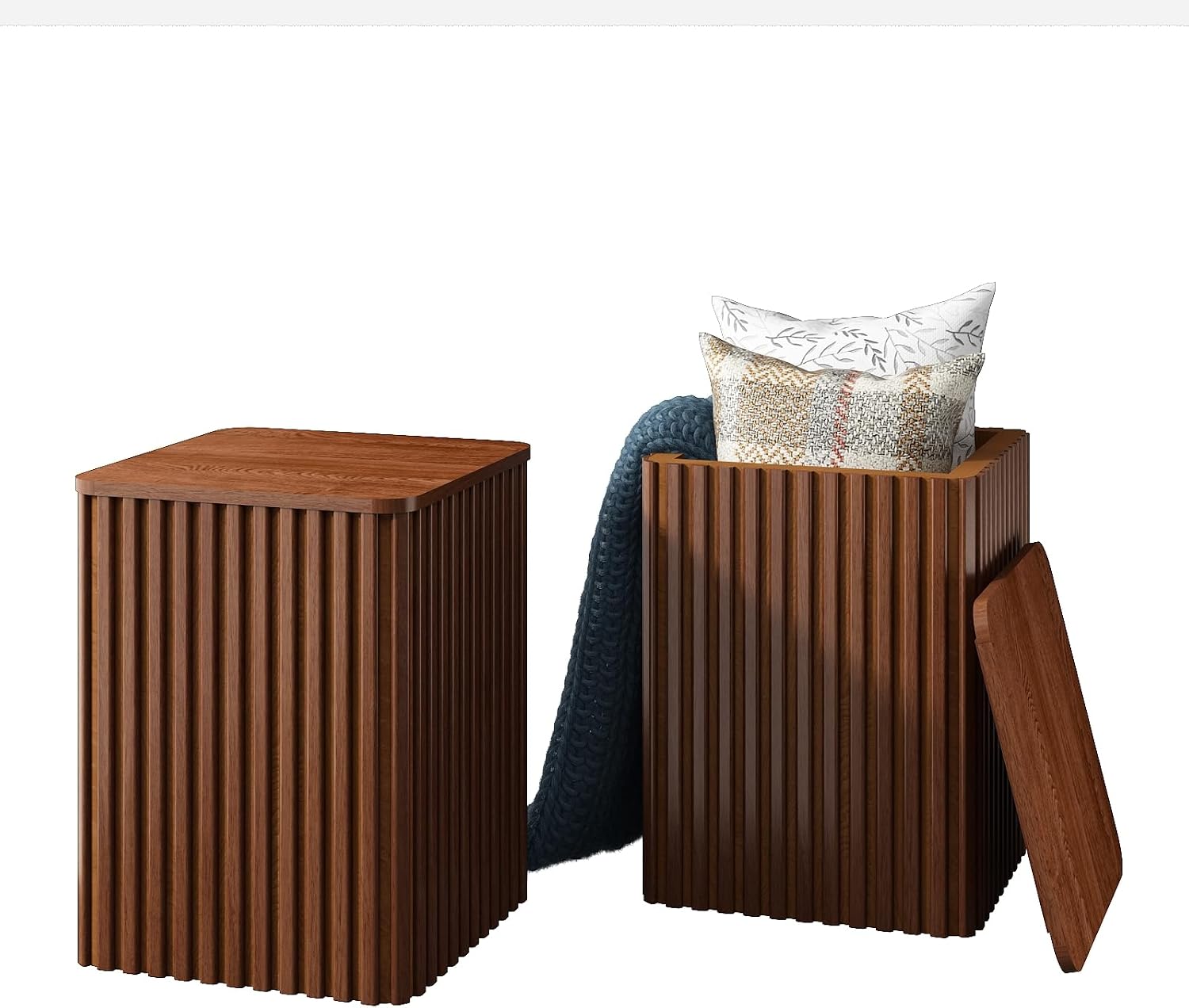 Set of 2 Fluted Side Table with Storage-Small Square End Table with Solid Wood Veneer Top, Accent Table Modern Farmhouse Pedestal Drink Table for Couch Sofa Living Room, Rustic Brown