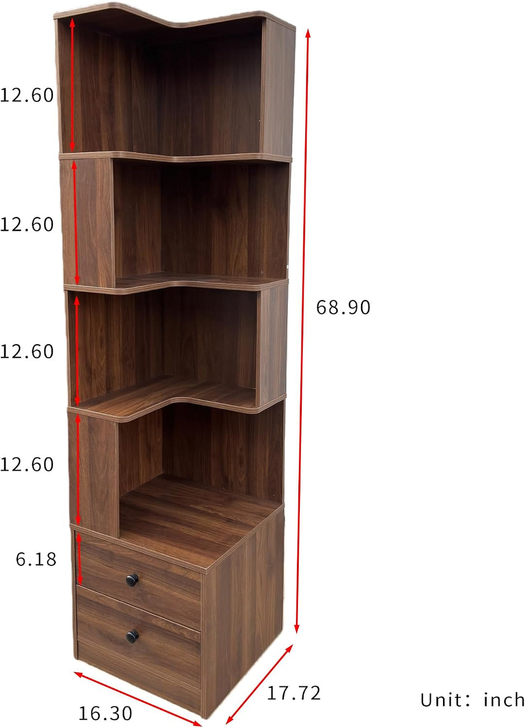 Corner Bookshelf with Drawers and LED Lights, 4-Tier Corner Bookcase with Baffle, Freestanding L-Shaped Display Shelf Stand for Home Office, Living Room, Walnut