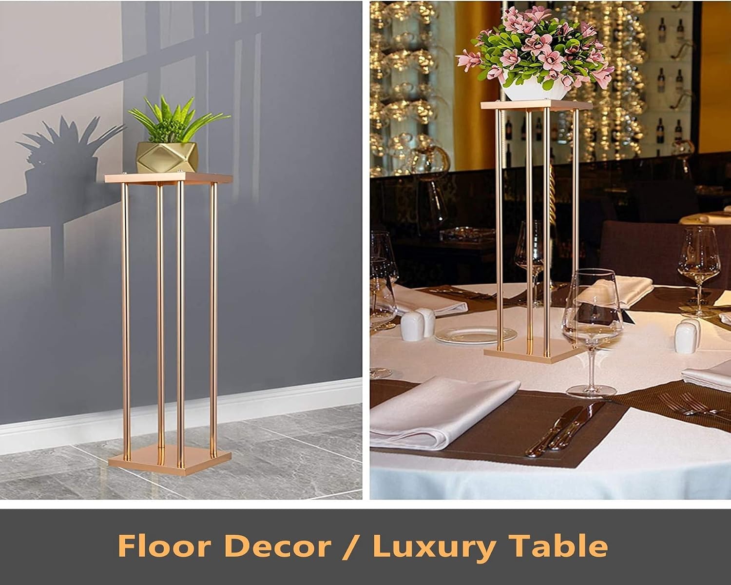 10 Pcs Wedding Flower Stand Metal Vase Stand with Plates Gold Floor Metal Column Gold Rectangular 7.87' x 7.8 7'x 23.6' Flower Display Stands Table Flower Stands for Wedding Party Events Table Decor (23.6 inch Tall)