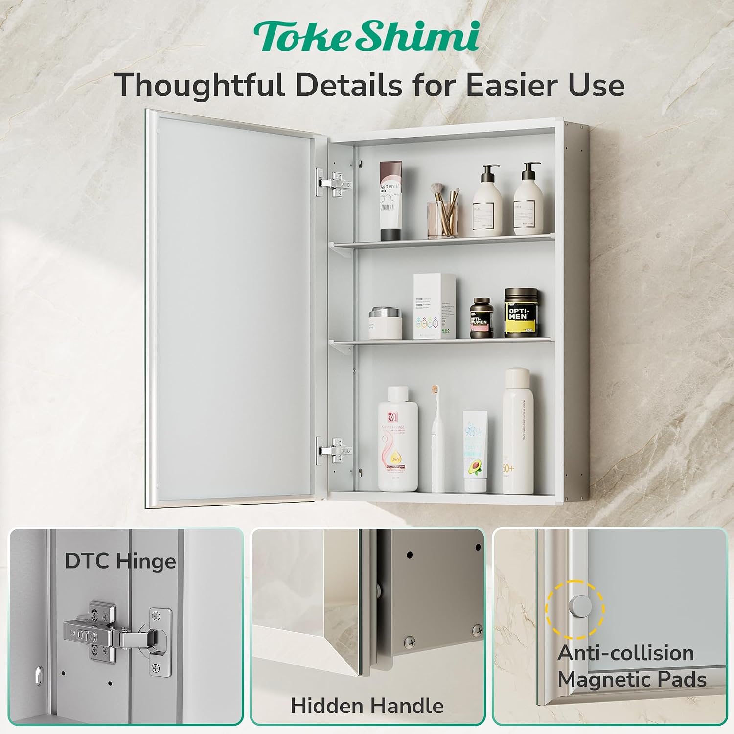 TokeShimi 12 x 36 Medicine Cabinet with Tempered Beveled Mirror, Assembly Required, Silver Medicine Cabinet for Bathroom, Stepless Adjustable Shelves, DTC Hinge, Recessed/Surface-Mounted