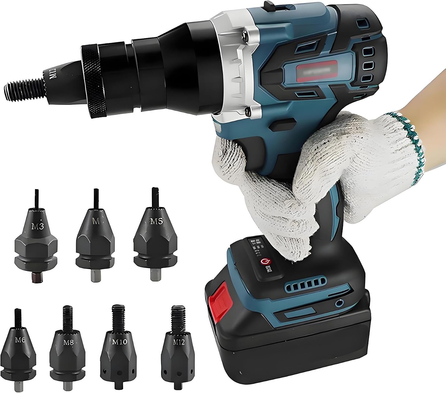 Portable Cordless Rivet Nut Tool, 5200mAh Battery Nutsert Gun with M3 M4 M5 M6 M8 M10 M12 Heads, Professional Pop Rivet Insert Installation Tool(1x5200mah)