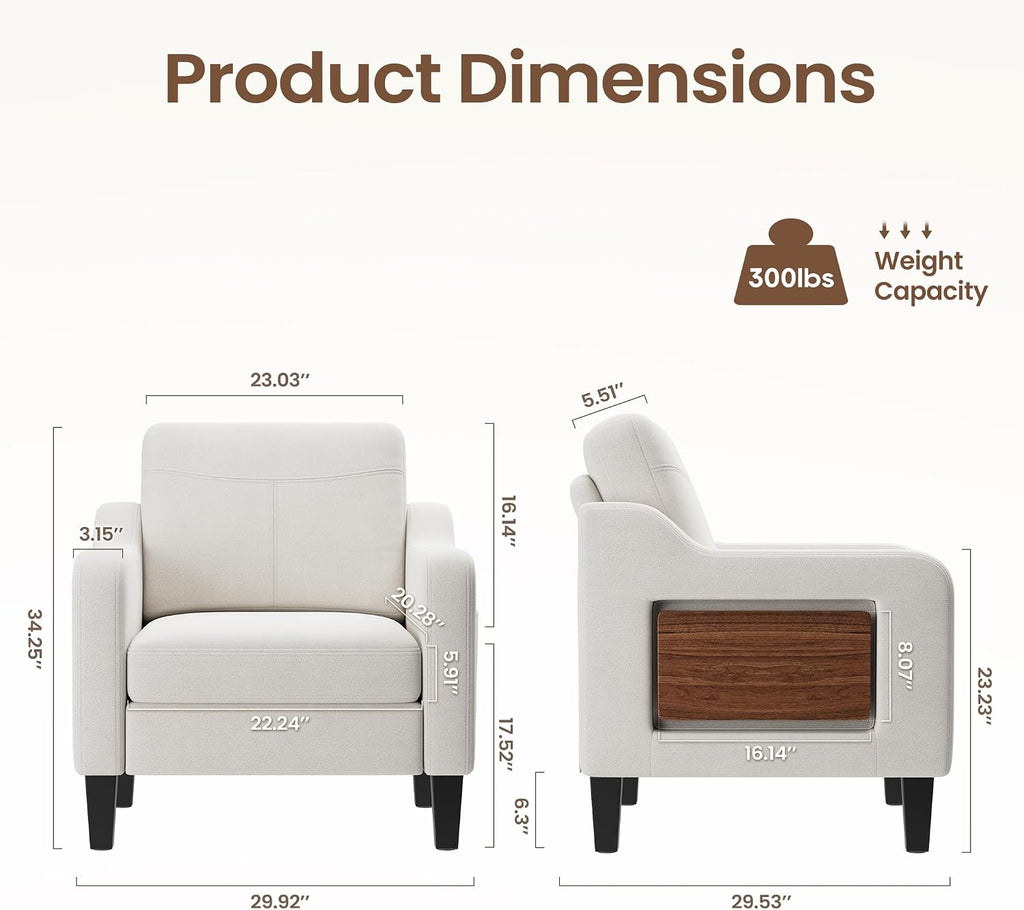 Accent Chair for Living Room Modern Linen Upholstered Armchair Side Wooden Fabric Sofa Chair with Foldable Table 2 Side Pockets Comfy Reading Chair for Bedroom