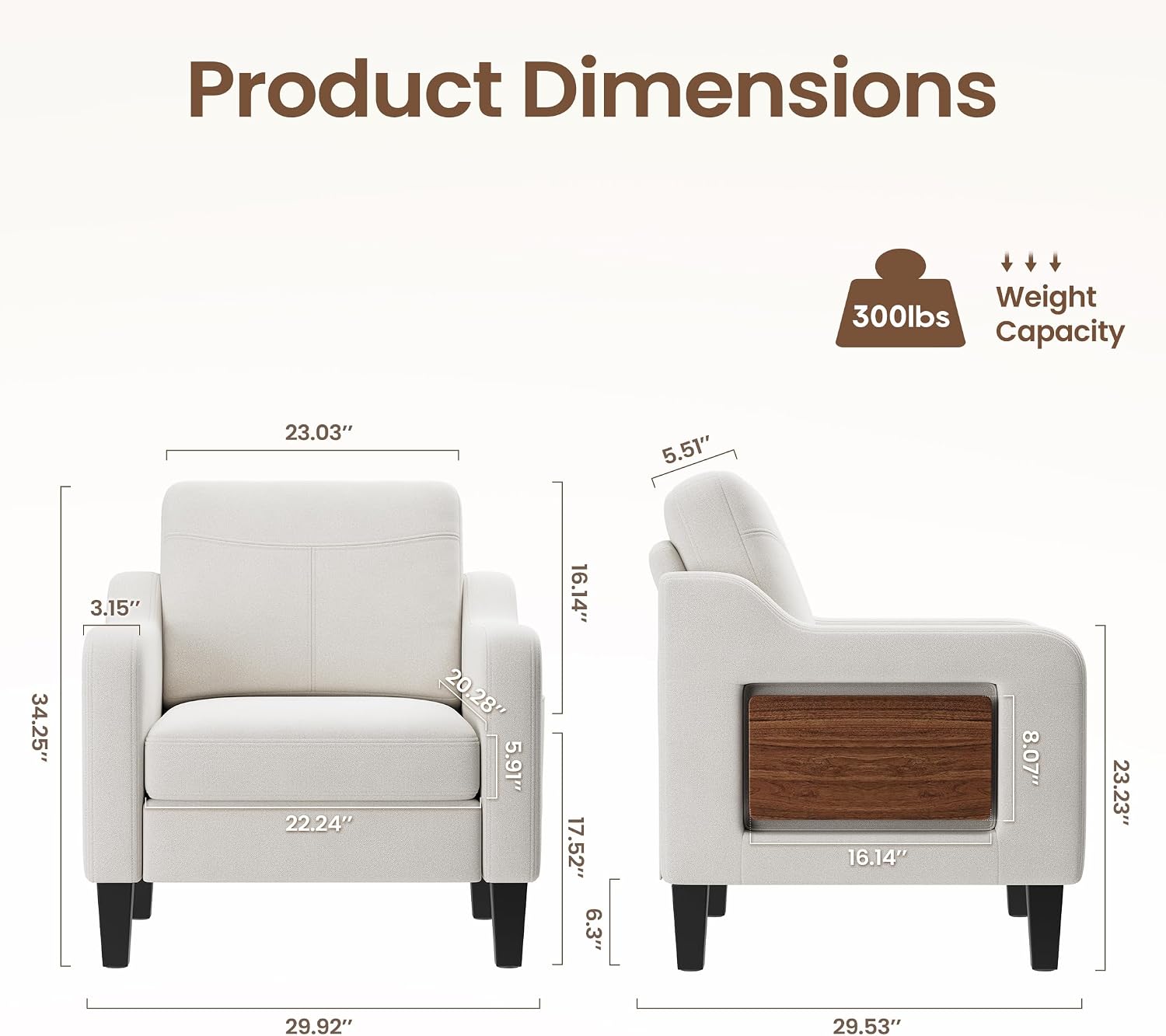 Accent Chair for Living Room Modern Linen Upholstered Armchair Side Wooden Fabric Sofa Chair with Foldable Table 2 Side Pockets Comfy Reading Chair for Bedroom