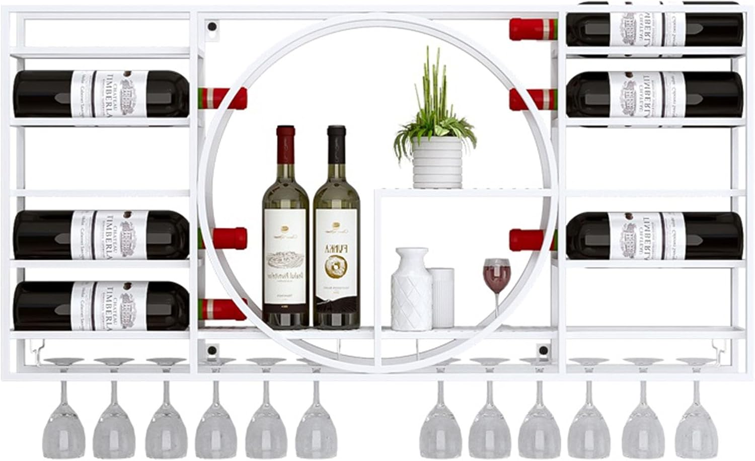 White Wall Mounted Wine Rack with Glass Storage Modern Liquor Shelf for Bottles Corner Coffee Bar Cabinet 90cm Length × 11cm Width × 42cm Height