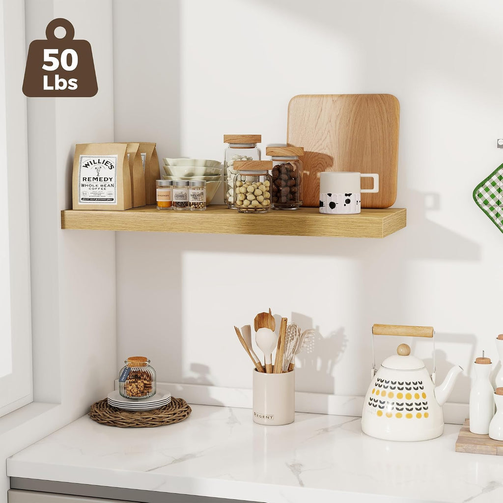 Fun Memories 12 Deep Floating Shelves for Wall | 30W x 12D Large Floating Shelves | 3 Pack Storage Space Wall Mount Shelf for Living Room Bathroom Toilet Laundry Room Kitchen Home Office - Oak