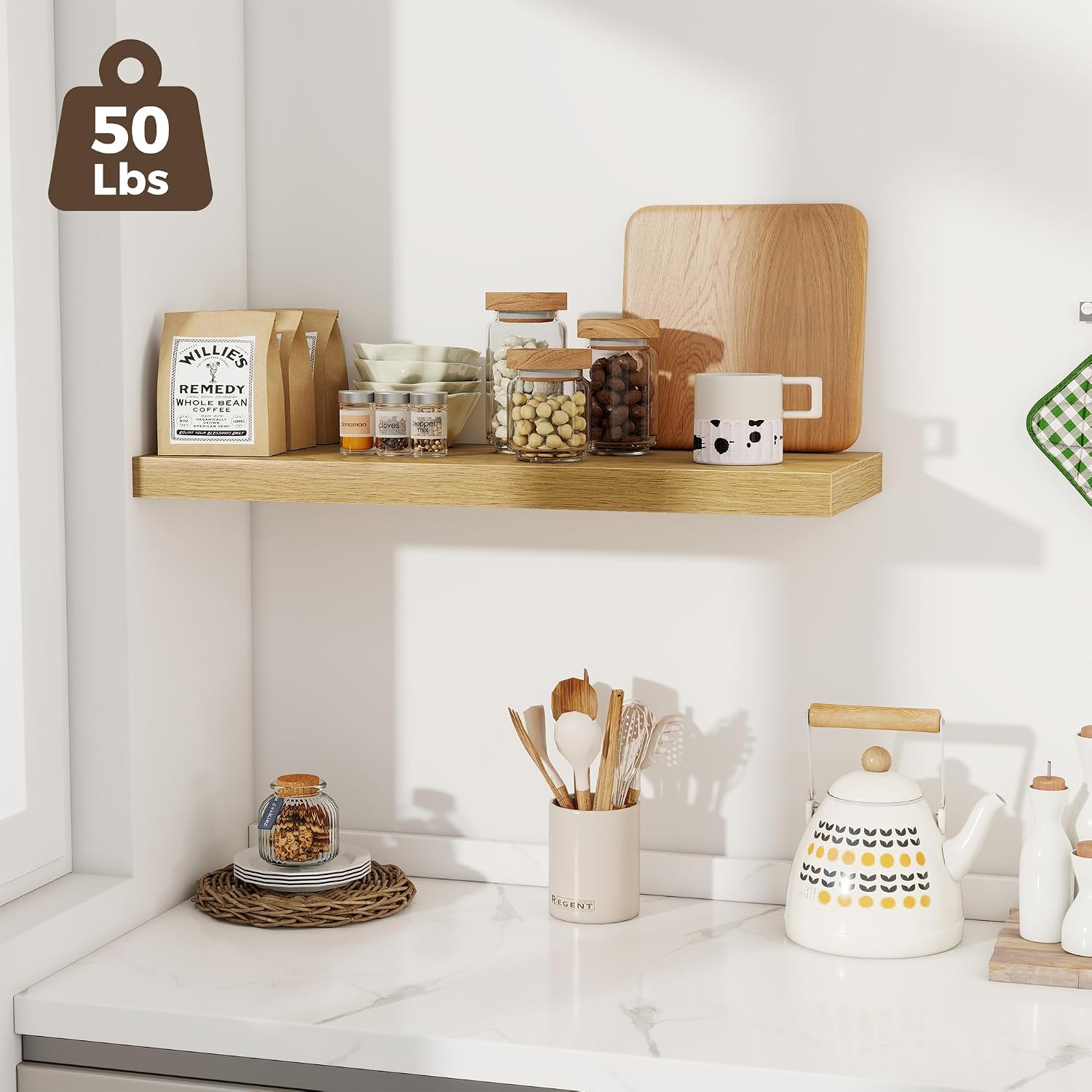 Fun Memories 12 Deep Floating Shelves for Wall | 30W x 12D Large Floating Shelves | 3 Pack Storage Space Wall Mount Shelf for Living Room Bathroom Toilet Laundry Room Kitchen Home Office - Oak
