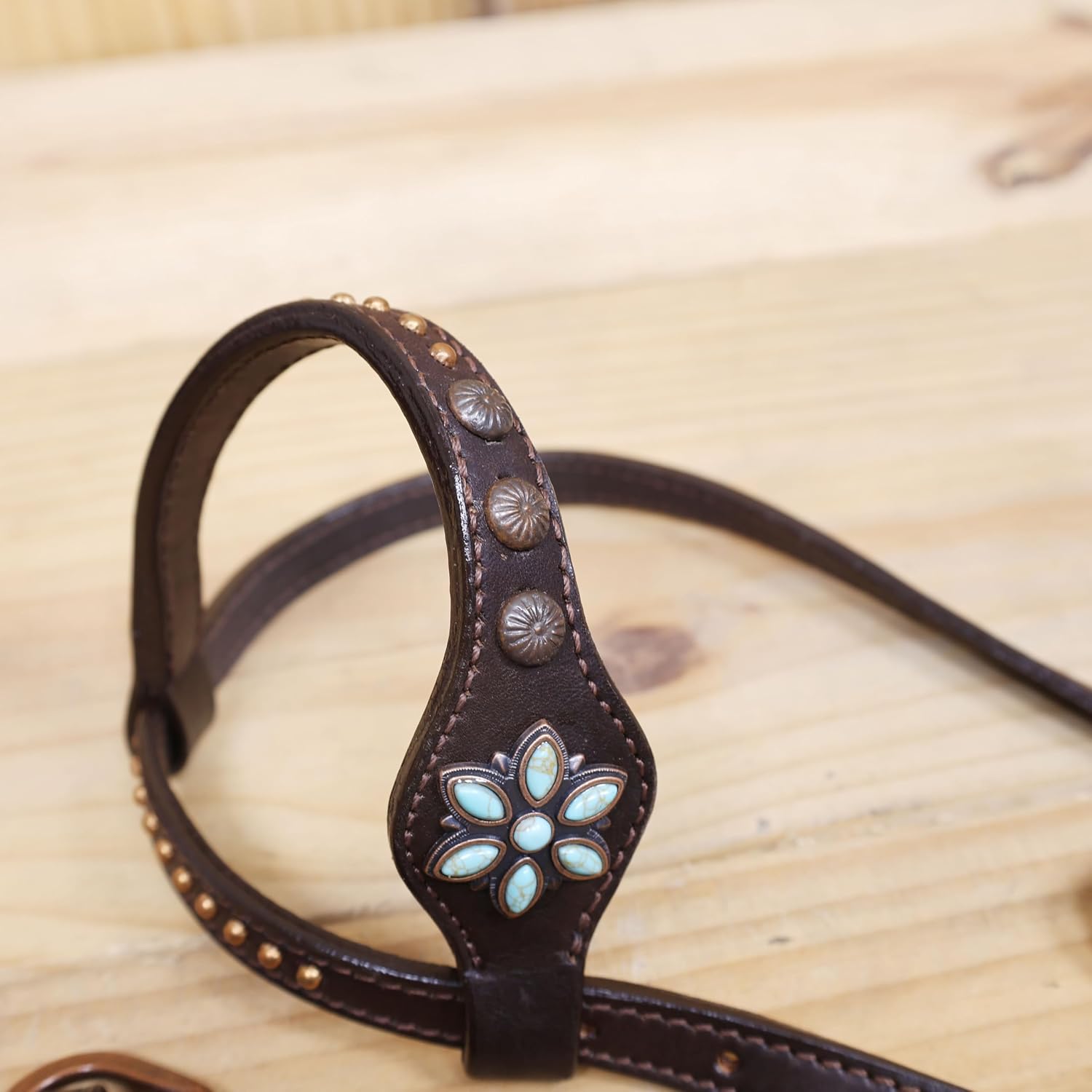 Western Leather Headstall and Breast Collar Tack Set – Turquoise Flower Conchos, Copper Ring & Alligator Inlay with Copper Studs – Genuine Argentina Cowhide