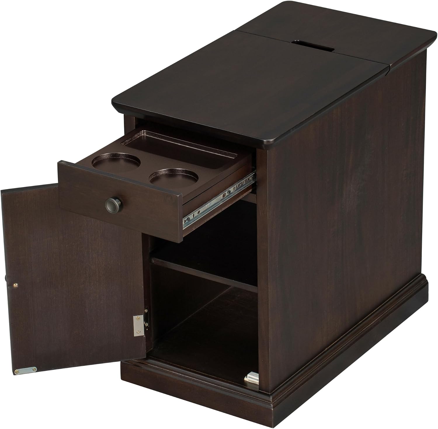 Multifunctional Classic Vintage End Table with USB Ports and 1 Drawer with Cup Holders, Sofa Side Narrow Table, Bedside Nightstand for Living Room Bedroom (Antique Espresso)