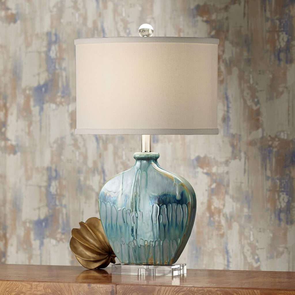 Possini Euro Design Mia 25' High Mid Century Modern Coastal Table Lamp Blue Drip Ceramic Single Off-White Shade Living Room Bedroom Bedside Nightstand House Office Home Kitchen (Colors May Vary)