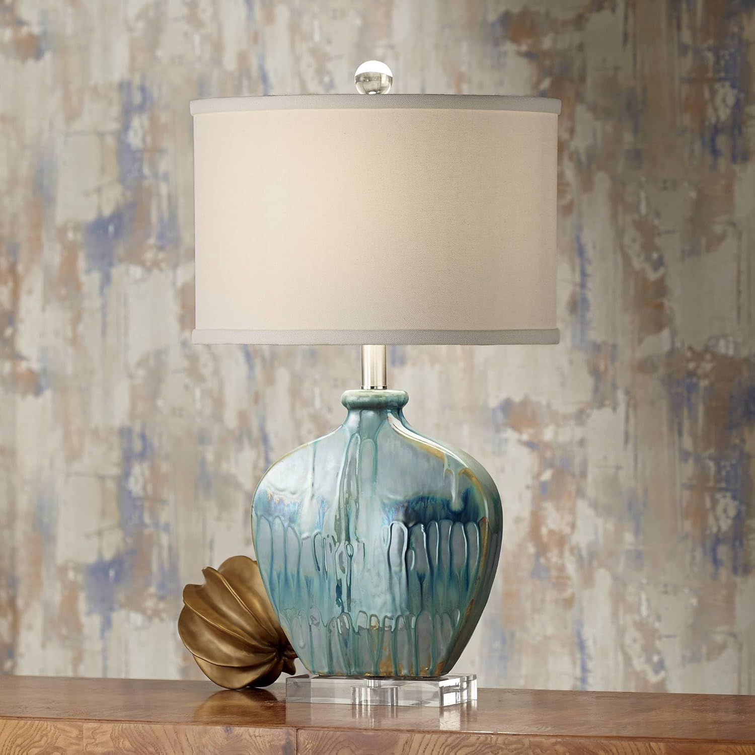 Possini Euro Design Mia 25' High Mid Century Modern Coastal Table Lamp Blue Drip Ceramic Single Off-White Shade Living Room Bedroom Bedside Nightstand House Office Home Kitchen (Colors May Vary)